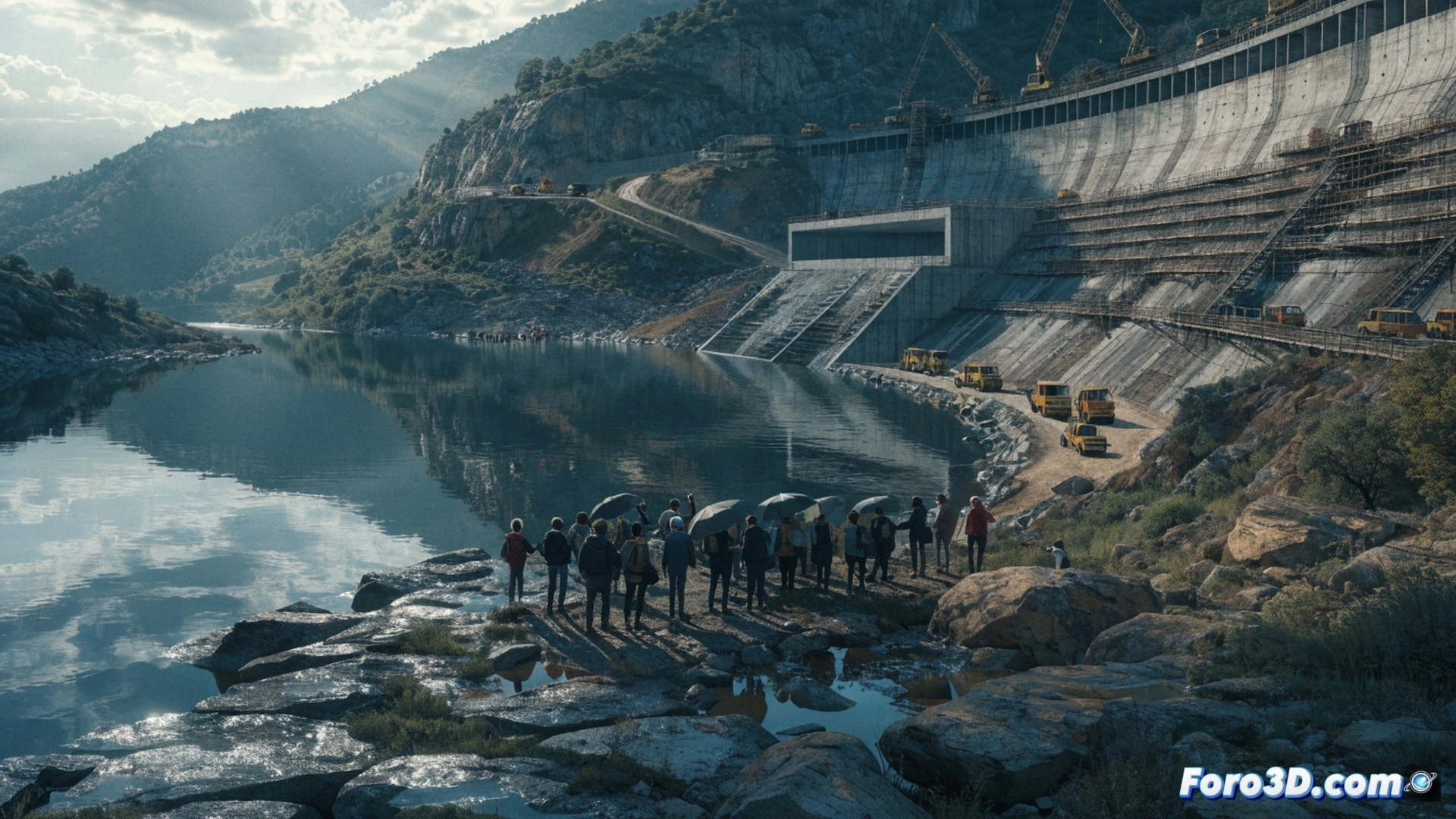 technical illustration of a dam construction site on the Júcar river, heavy machinery halted mid-operation, bulldozers and excavators stationary near unfinished concrete spillways, a crowd of protesters holding signs blocking the access road, engineers in orange vests and hard hats standing on a scaffolding bridge pointing at blueprints while looking at the stalled works, water flowing through a partially built diversion channel, surveying equipment on tripods visible, overcast sky casting dramatic shadows, photorealistic engineering visualization, detailed hydraulic structures, muddy terrain, cranes idle, tension between workers and demonstrators clearly shown