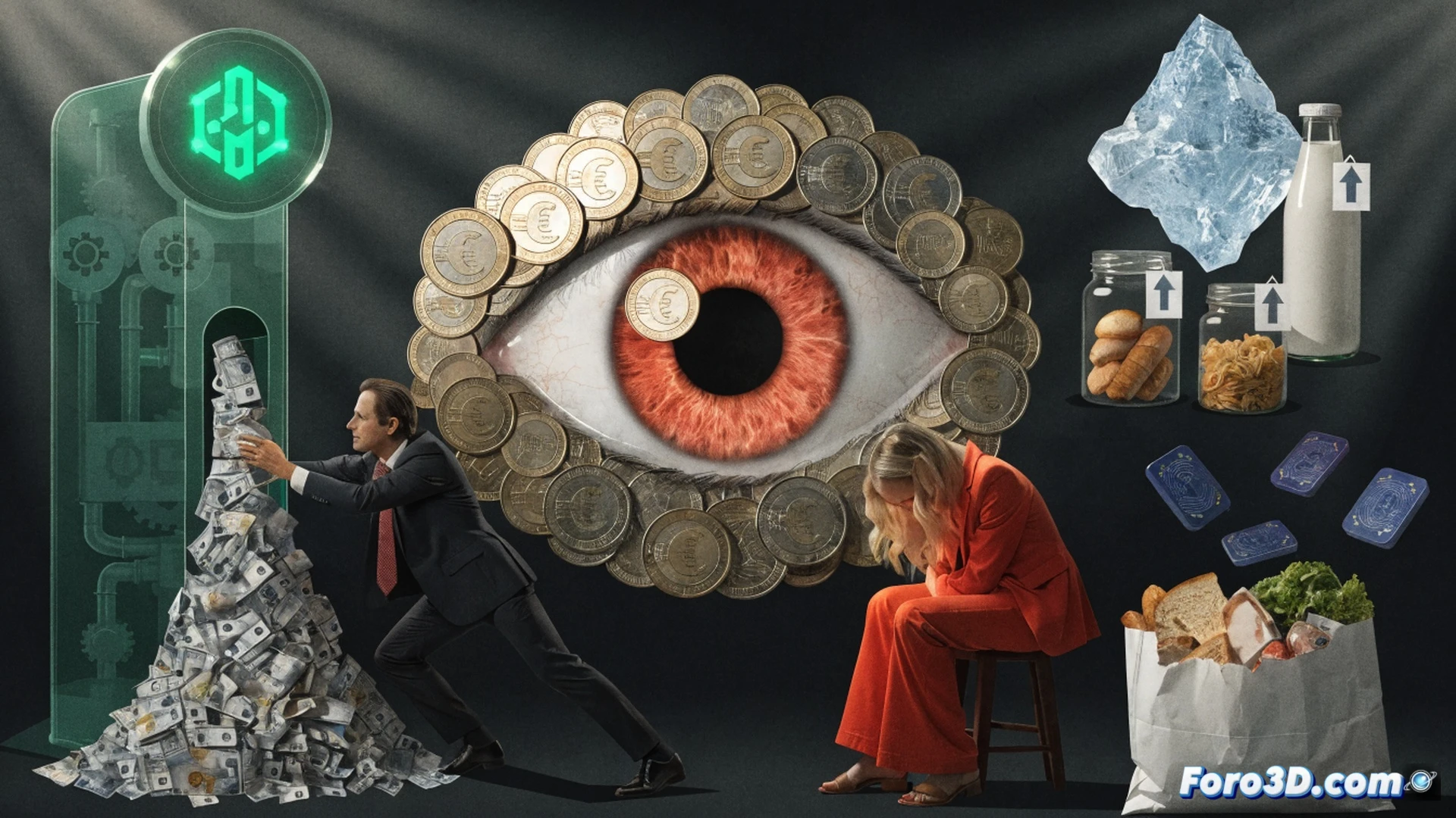 Photorealistic technical illustration of EU tax paradox, a massive corporate headquarters with golden vault doors slamming shut while a European citizen struggles under a heavy shopping cart overflowing with basic goods and crypto mining rigs, carbon emission taxes flowing as dark smoke from household chimneys into EU coffers, empty tax forms floating near billionaire yachts offshore, cinematic lighting with dramatic shadows, ultra-detailed urban scene, high-contrast industrial atmosphere, realistic consumer anxiety visible in body language, engineering visualization of tax flow arrows redirected from poor to rich