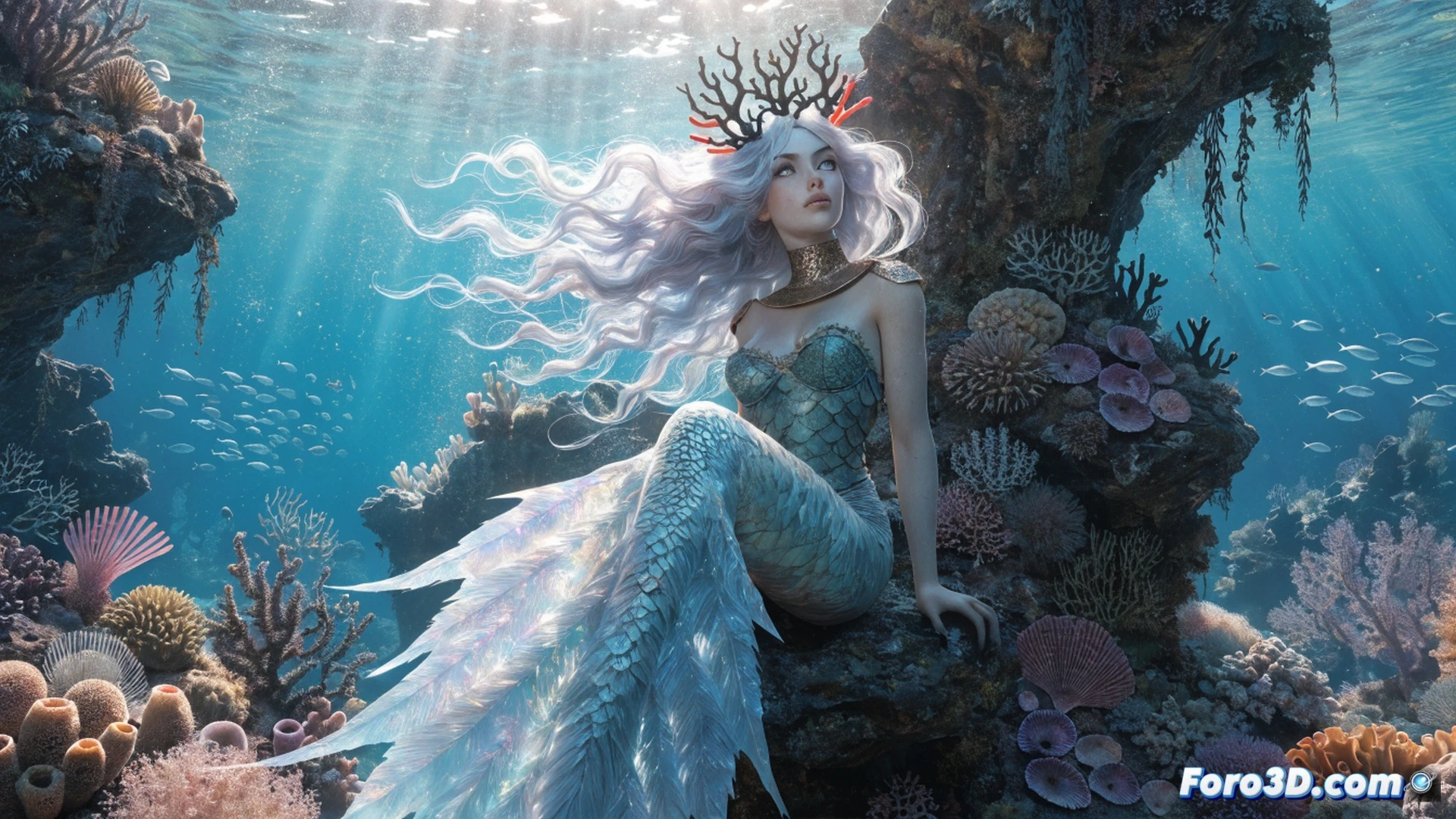 underwater laboratory scene, Ulla Pasko as Little Mermaid swimming near a submerged Atlantean console, her green tail propelling her through murky deep-ocean water, long red hair floating, one hand reaching for a glowing crystal component, while the other holds a broken sonar device, bubbles rising from a damaged submarine hatch in the background, ancient stone pillars covered with bioluminescent coral, cinematic underwater lighting with shafts of blue light piercing the darkness, photorealistic technical illustration style, hyper-detailed scales and water caustics, dramatic high-contrast ocean environment