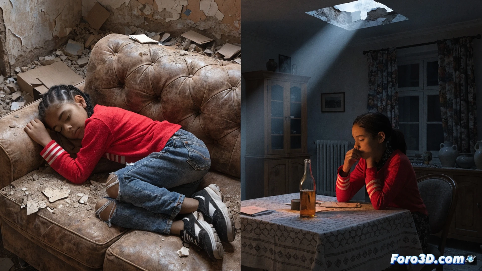 niña de 9 años durmiendo en una cama desordenada con zapatos deportivos atados, linterna encendida sobre la mesita de noche, mochila de emergencia lista junto a la puerta, pared con grietas visibles, ventana con vidrio roto, suelo con polvo y escombros pequeños, expresión de angustia en su rostro mientras sostiene un teléfono móvil, luz tenue de velas creando sombras dramáticas, estilo cinematográfico realista, texturas de hormigón agrietado, atmósfera de tensión y vulnerabilidad, fotografía documental nocturna, alta definición, iluminación de emergencia amarillenta
