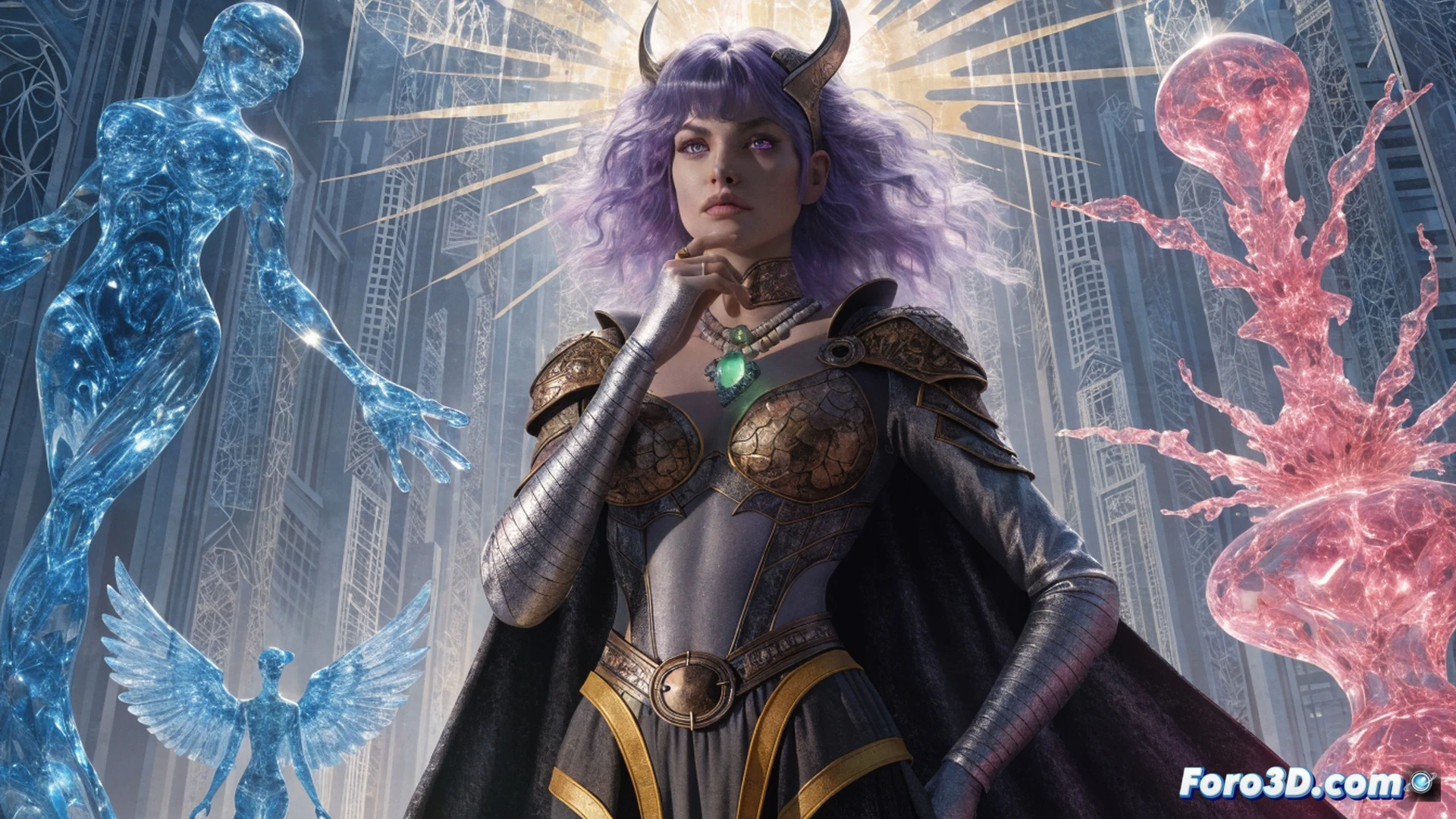 Princess Projectra de la Legión de Super-Héroes generando una ilusión óptica frente a un antiguo terminal de ordenador, destellos de luz holográfica saliendo de sus manos mientras el monitor muestra código fuente obsoleto, partículas digitales desvaneciéndose en el aire, cables de conexión oxidados y polvo suspendido, estanterías metálicas con cómics apilados al fondo, ambiente de archivo abandonado, iluminación tenue con focos de neón púrpura, estilo cinematográfico con textura de grano analógico, composición dramática en claroscuro, render fotorrealista de alta definición