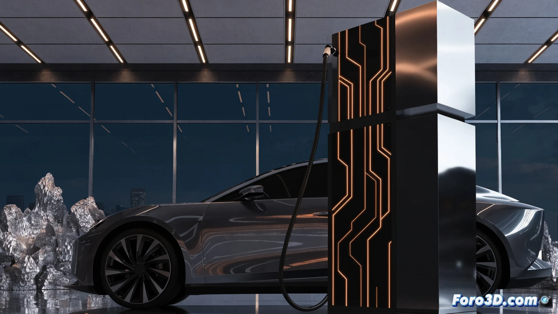 electric car charging at night in a home garage, owner plugging cable into vehicle, smartphone on the dashboard displaying a fixed-rate energy tariff app, glowing green energy meter on the wall showing low 9p per kWh rate, digital contract terms and penalty clauses floating as translucent holographic panels near the driver, warm cinematic lighting from car headlights, photorealistic technical illustration, ultra-detailed interior with cable management system and charging port, dramatic shadows emphasizing energy efficiency action