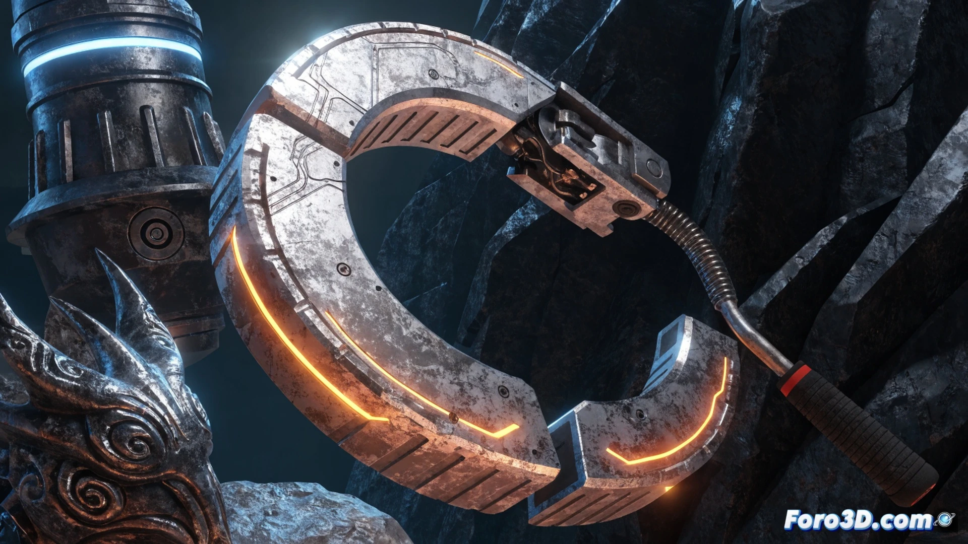 Arc Raiders player character mid-air grappling across a ruined urban landscape, metal Snap Hook device deploying from wrist launcher with glowing blue energy cable, reactor core and statuette fragments visible in open inventory backpack, abandoned factory structures with broken machinery in background, dynamic motion blur on grappling cable trajectory, dust particles kicked up from rapid movement, cinematic third-person action shot, photorealistic game render, dramatic sunset lighting casting long shadows, high-tech tactical gear with worn metallic textures, ultra-detailed mechanical components on harness system