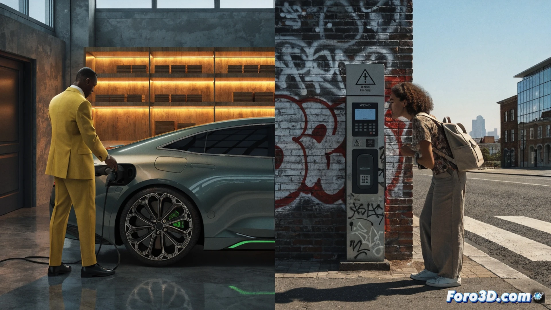 Electric car charging station in a dimly lit public parking lot, a frustrated driver holding a credit card next to a broken charger with a cracked screen and dangling cable, another driver checking an app on a smartphone showing high prices and no available stations, a businessman in a suit walking past with a smug expression holding a key to a private garage, rain-slicked asphalt reflecting neon lights, cinematic photorealistic style, dramatic shadows, gritty urban atmosphere, detailed charging hardware and payment terminal, action of trying to charge and failing, demonstrating inequality in electric mobility access