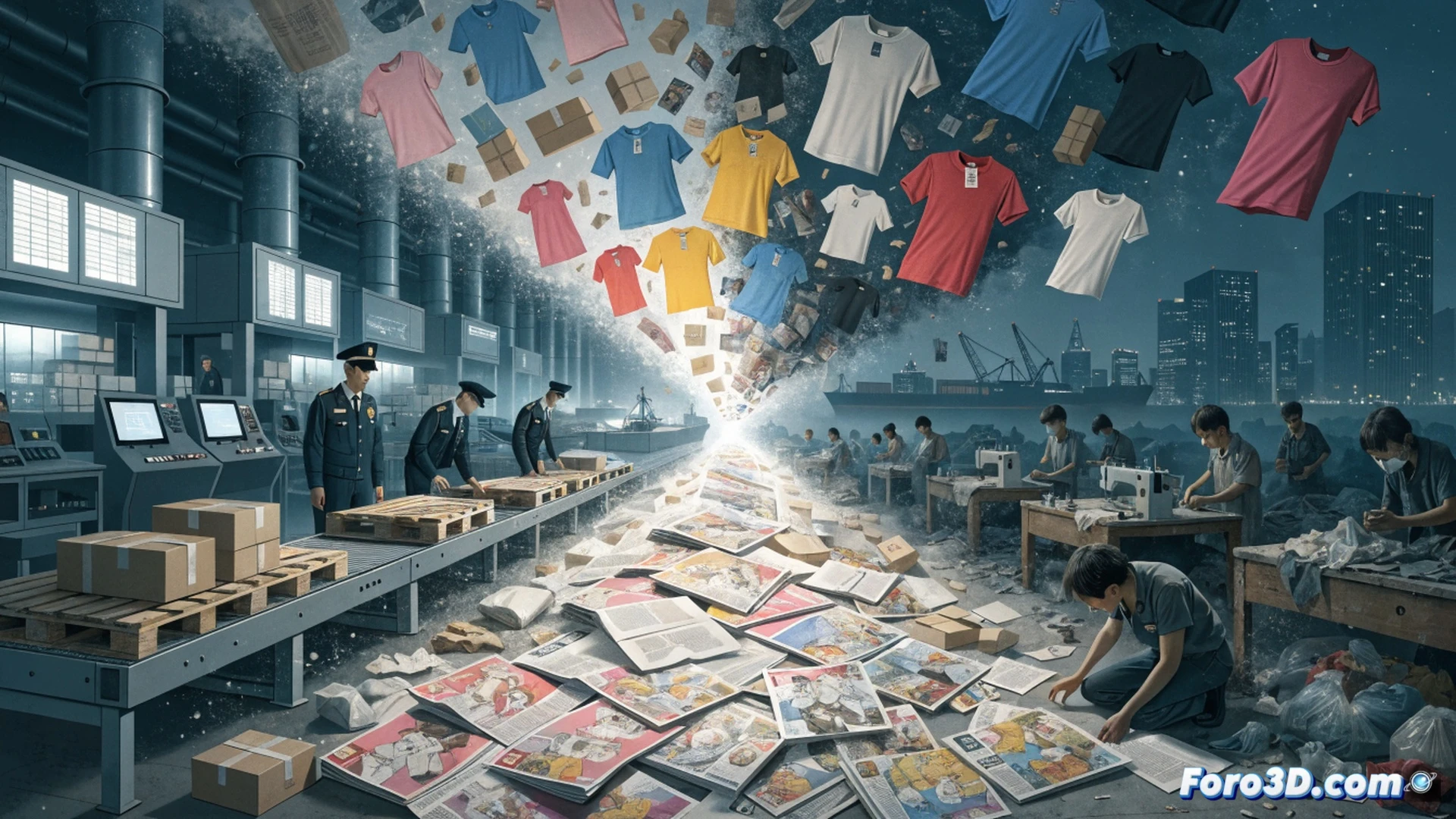 Photorealistic technical illustration of a customs inspection scene, a massive EU customs barrier with a small comic book and magazine being crushed against it by a giant robotic tariff arm, while in the background a colossal Chinese e-commerce container ship labeled Shein and Temu sails freely through a broken environmental regulation fence, toxic green smoke billowing from its smokestacks, small cultural publications piled on a consumer's shopping cart being blocked, dramatic cinematic lighting, ultra-detailed metal textures, bureaucratic stamp hovering mid-air, environmental contrast between clean EU port and polluted ship, engineering visualization style