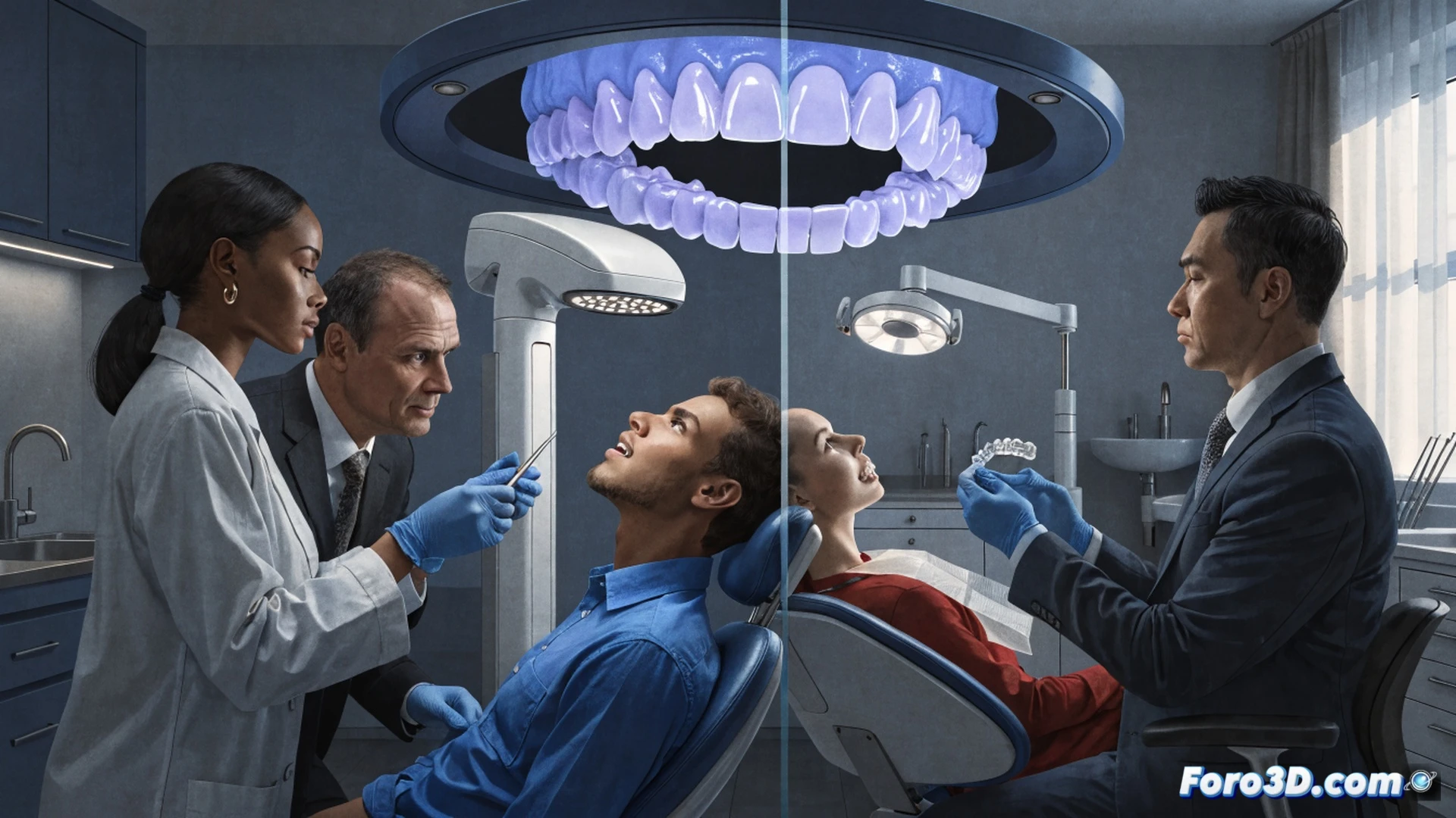 dental clinic scene, dentist holding iTero scanner wand scanning patient mouth, holographic interface showing 3D teeth model with locked padlock icon over scanner data stream, invisible aligner trays floating beside a broken chain linking scanner to treatment plan, split view showing closed market gate with rejected competitor scanner logos, clinical white environment, metallic dental instruments on tray, blue LED lights on scanner, cinematic technical illustration style, photorealistic rendering, dramatic side lighting, sharp focus on scanner and aligners