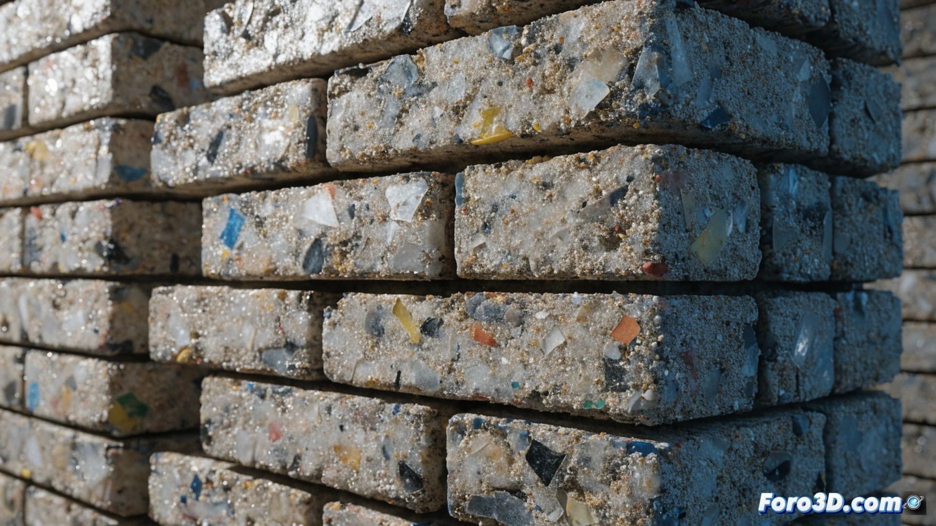 industrial plastic waste and sand mixture being compacted into structural bricks inside a hydraulic press, glowing molten plastic binding sand particles, cross-section of a finished brick showing layered polymer matrix and sand grains, technical engineering visualization, robotic arm handling a freshly molded block, infrared thermal camera displaying heat distribution across brick surface, dust particles suspended in warm factory air, metallic press mould with visible wear marks, photorealistic industrial render, dramatic side lighting emphasizing texture and material density