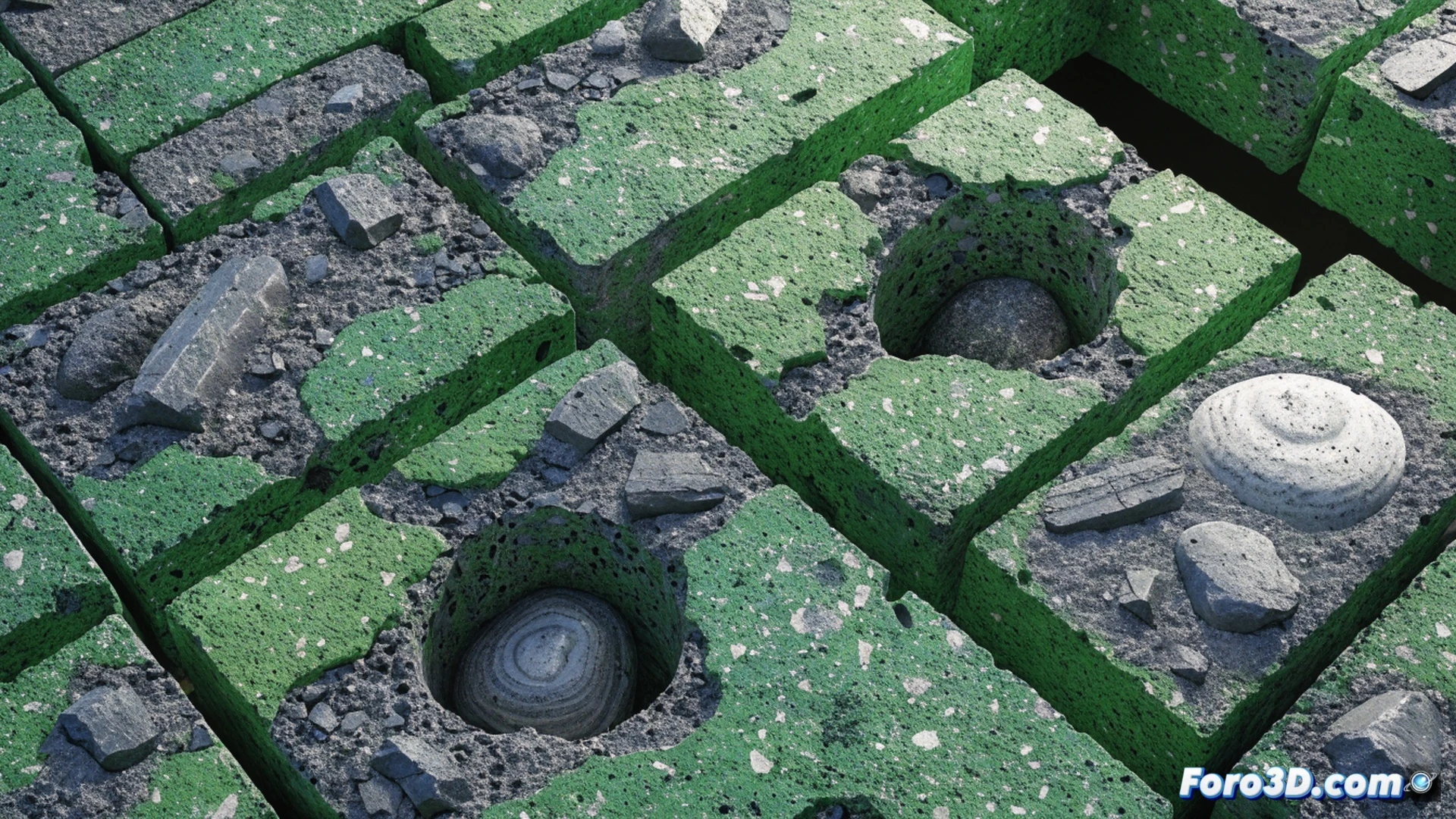 industrial furnace-free brick molding process, fly ash and molten slag being poured into a silicate matrix mixer, robotic arm pressing the composite into a green brick shape without heat, conveyor belt moving finished blocks to stacking area, technical engineering visualization, cross-section showing encapsulated waste particles inside the brick, realistic industrial lighting, metallic and dusty textures, glowing residue particles trapped in cementitious matrix, photorealistic manufacturing scene, clean geometric layout, high detail on material surfaces