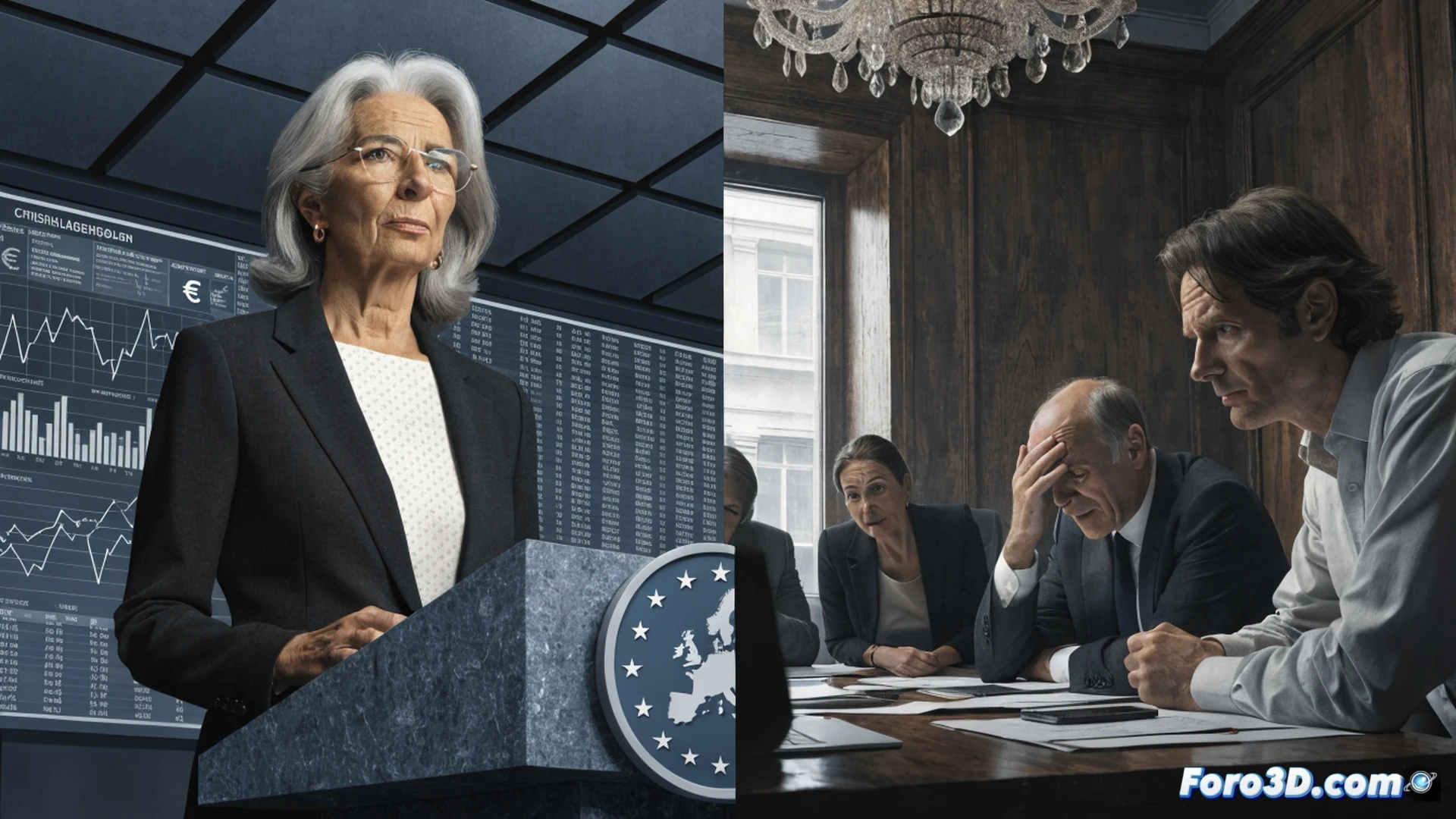 European Central Bank headquarters in Frankfurt, glass facade reflecting stormy clouds, Christine Lagarde walking away from a podium toward a distant open door, her shadow stretching long across the polished marble floor, a single red thread stretching from her hand toward a fragile European flag fabric tearing at its seams, interest rate charts on digital screens flickering with downward arrows, a broken gavel lying on the floor, photorealistic cinematic composition, dramatic low-angle lighting, deep shadows, cool blue and warm amber contrast, architectural precision, hyper-detailed textures, tension-filled atmosphere, 8K technical visualization