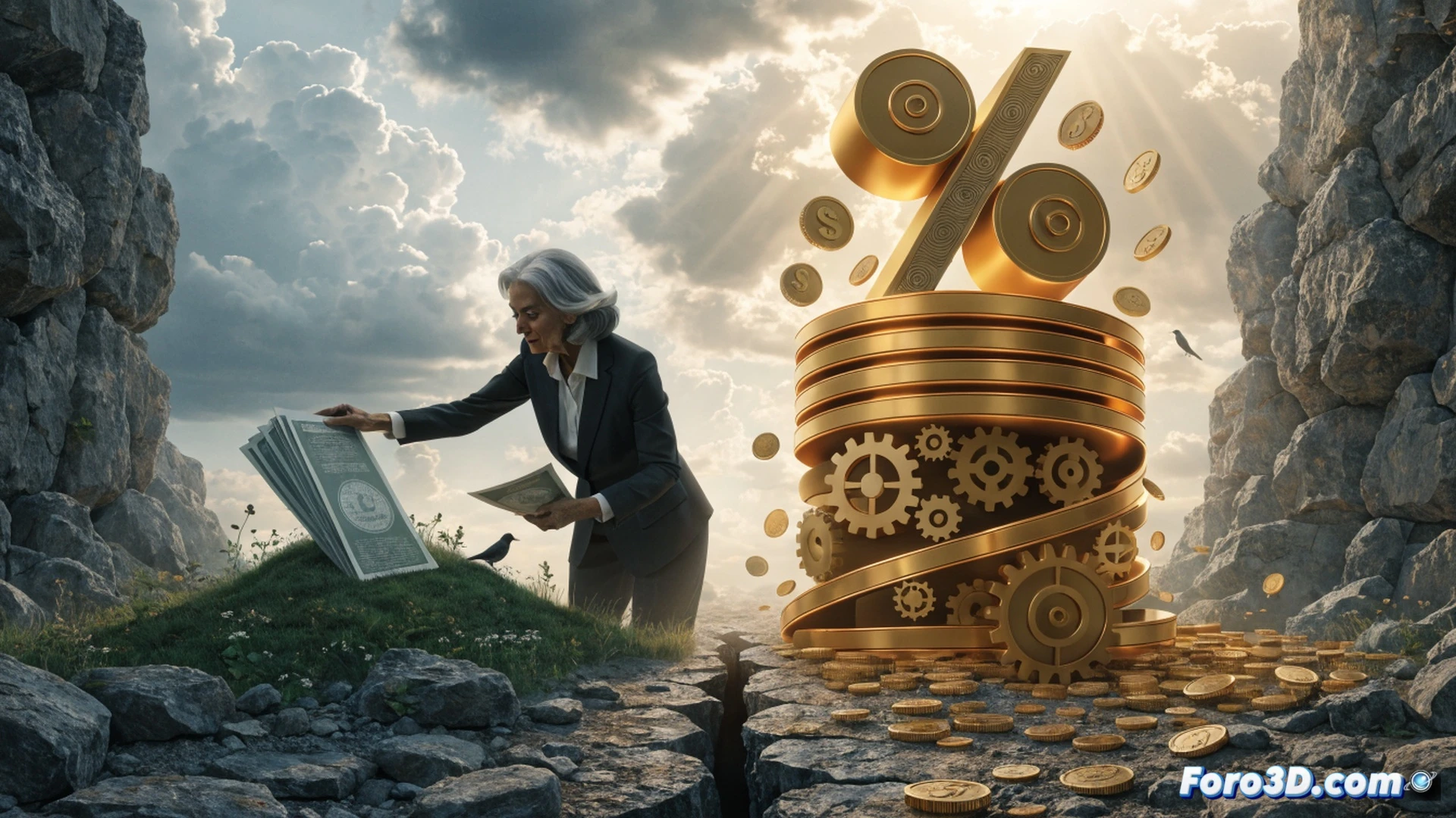 Christine Lagarde standing at a podium in a minimalist ECB boardroom, hand pressing down a stack of glowing bond certificates being buried into a sleek metallic floor, while a luminous holographic interest rate arrow rises sharply above her, digital euro symbols floating upward, empty bond trading screens fading to black behind her, a single emergency red button labeled crisis visible on the podium edge, cinematic photorealistic technical illustration, cold blue and amber lighting, polished concrete and glass surfaces, ultra-detailed fabric textures, dramatic shadow contrast, 8K architectural visualization style