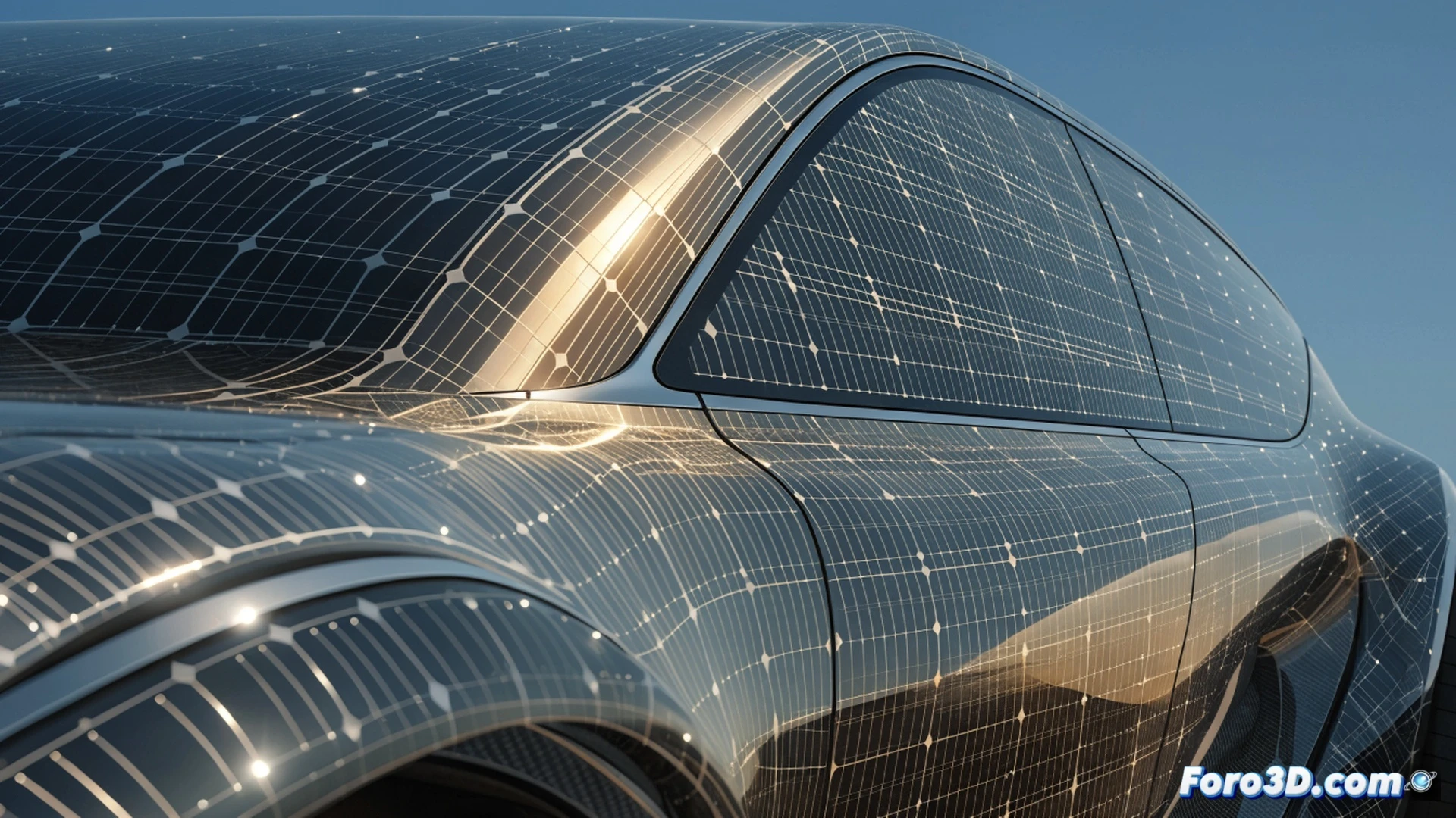 Electric vehicle body panel being installed with ultra-thin flexible solar film, robotic arm applying photovoltaic laminate over curved car roof surface, sunlight rays hitting the film while digital display shows battery charging percentage, technical engineering visualization, metallic car body with seamless solar integration, glowing blue energy flow lines from roof to battery module, photorealistic industrial render, bright outdoor lighting, detailed carbon fiber texture and thin-film layers, cinematic product photography style
