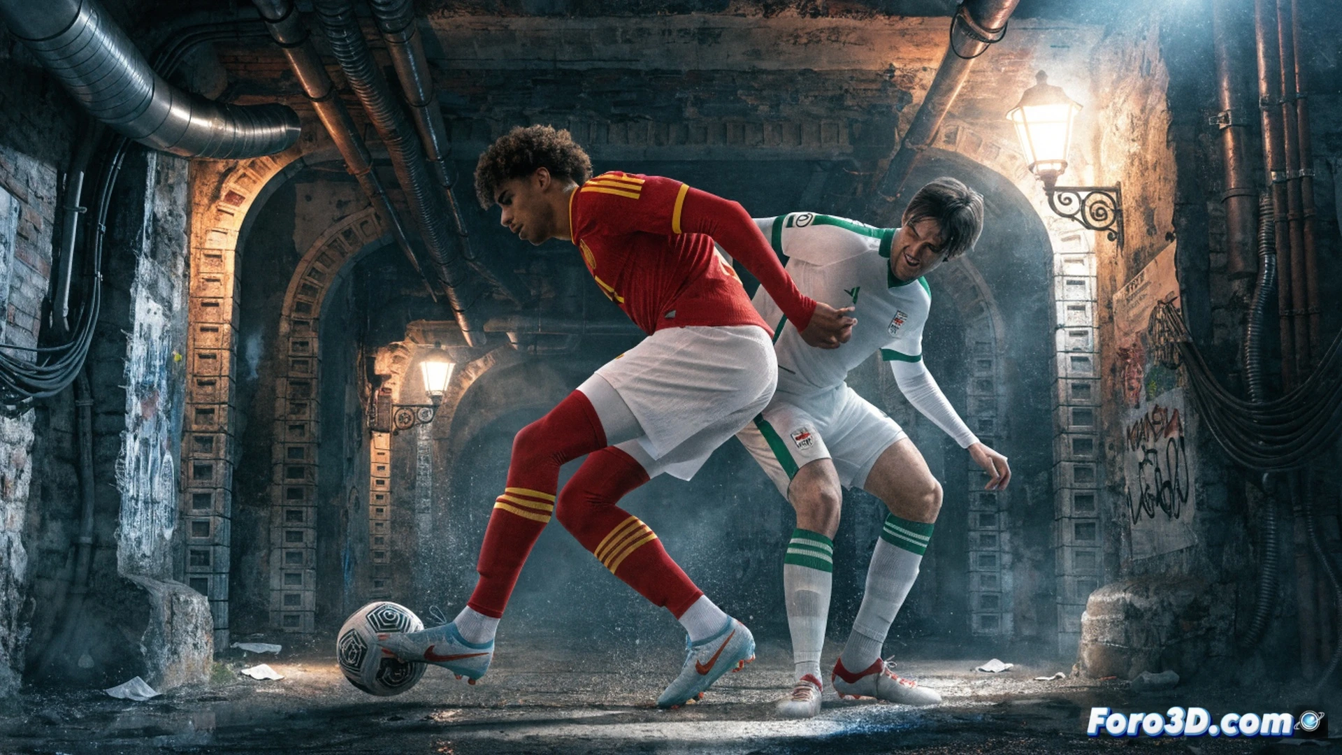 young football player performing a street-style nutmeg on an opponent, ball passing between defender legs during a match, player executing a sharp feint with dynamic footwork, grass pitch and stadium background, bright daylight, action freeze-frame showing ball trajectory and player body twist, cinematic sports photography style, realistic skin textures and jersey fabric details, motion blur on limbs, dramatic shadows, photorealistic technical render