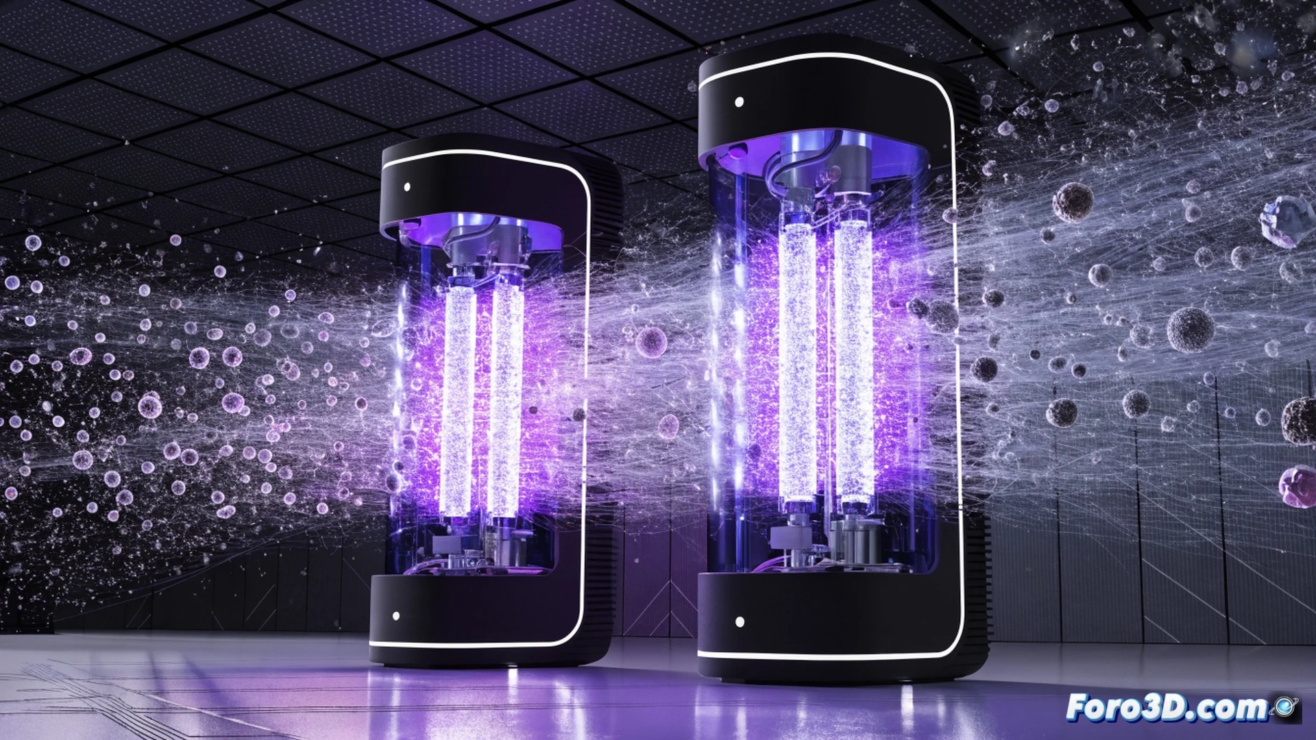 Photorealistic technical illustration of a krypton plasma lamp disinfecting indoor air, far ultraviolet light rays emitting from a cylindrical glass tube mounted on a ceiling, invisible beams interacting with airborne dust and pathogen particles in a crowded office space, people sitting at desks working calmly, no protective gear on faces, soft ambient lighting, glowing plasma core inside the lamp, clean modern interior with glass partitions and plants, particles breaking down mid-air during the disinfection process, detailed HVAC vent nearby, cinematic engineering visualization, sharp focus on the lamp and surrounding air, realistic material textures, bright sterile atmosphere