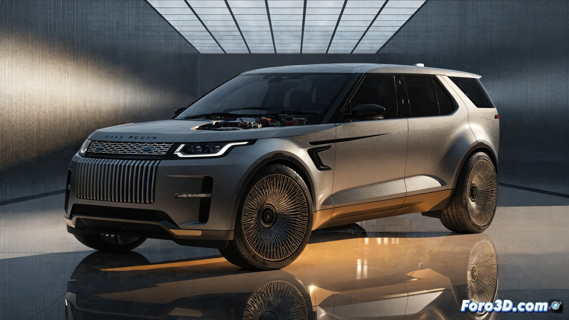 Land Rover Discovery 2027 chassis on assembly line, new six-cylinder engine block being lowered into bay by robotic arm, glowing torque specs projected on holographic display, technician inspecting cylinder heads with laser alignment tool, metallic blue body shell in background, cinematic engineering visualization, dramatic factory lighting with sparks from welding station, photorealistic industrial render, carbon fiber interior components visible through open door, motion blur on conveyor belt, detailed mechanical parts and wiring harnesses.