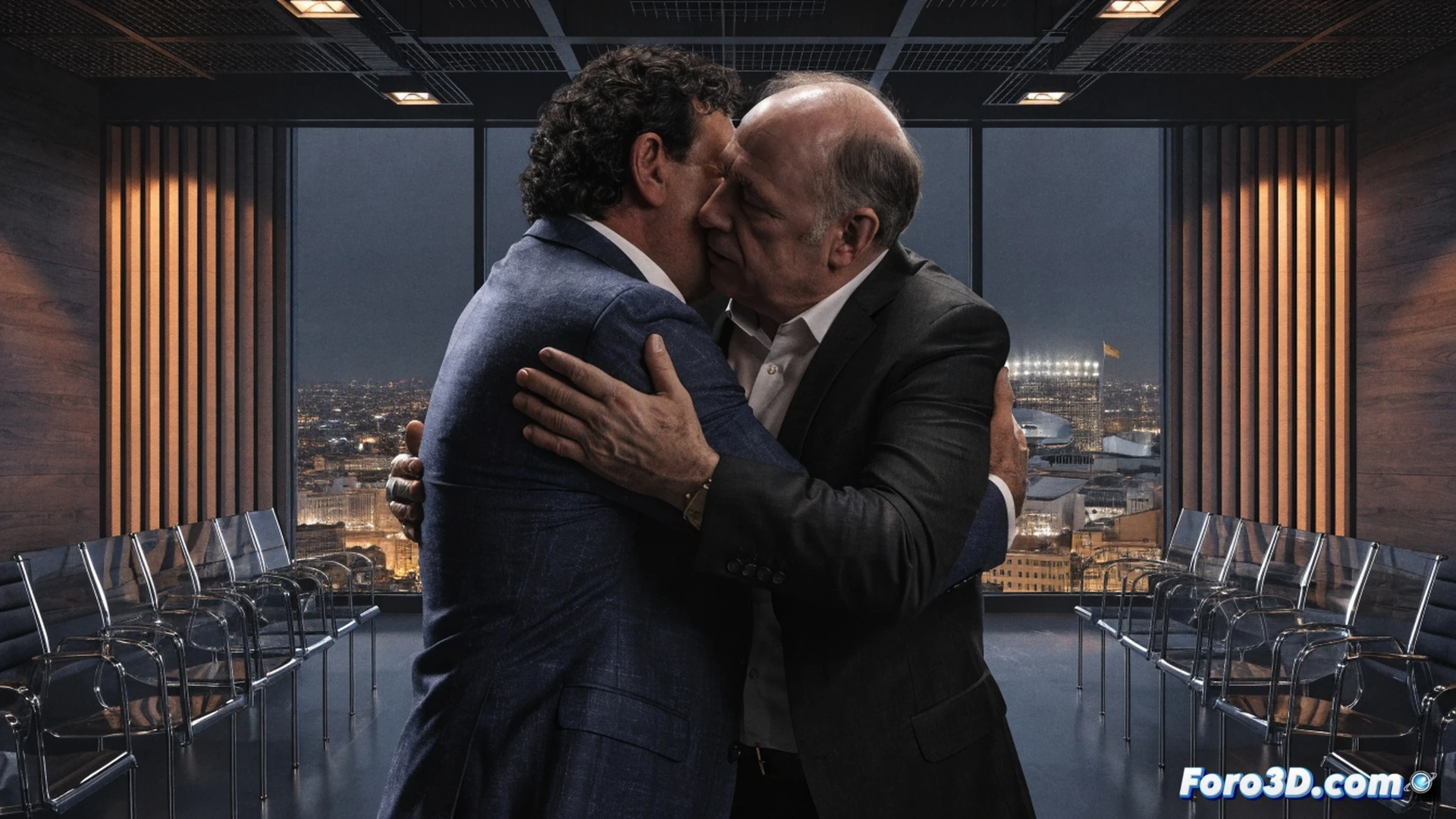 cinematic scene of two middle-aged men in suits embracing in a football stadium tunnel, one holding a LaLiga trophy, the other a Barcelona scarf, a shattered Real Madrid crest on the floor between them, technical illustration style, glowing holographic network lines connecting their hands showing alliance data streams, stadium lights reflecting off polished concrete walls, dramatic shadows, photorealistic rendering, ultra-detailed fabric textures, political tension visible in their clenched jaws, cold blue and warm gold lighting contrast
