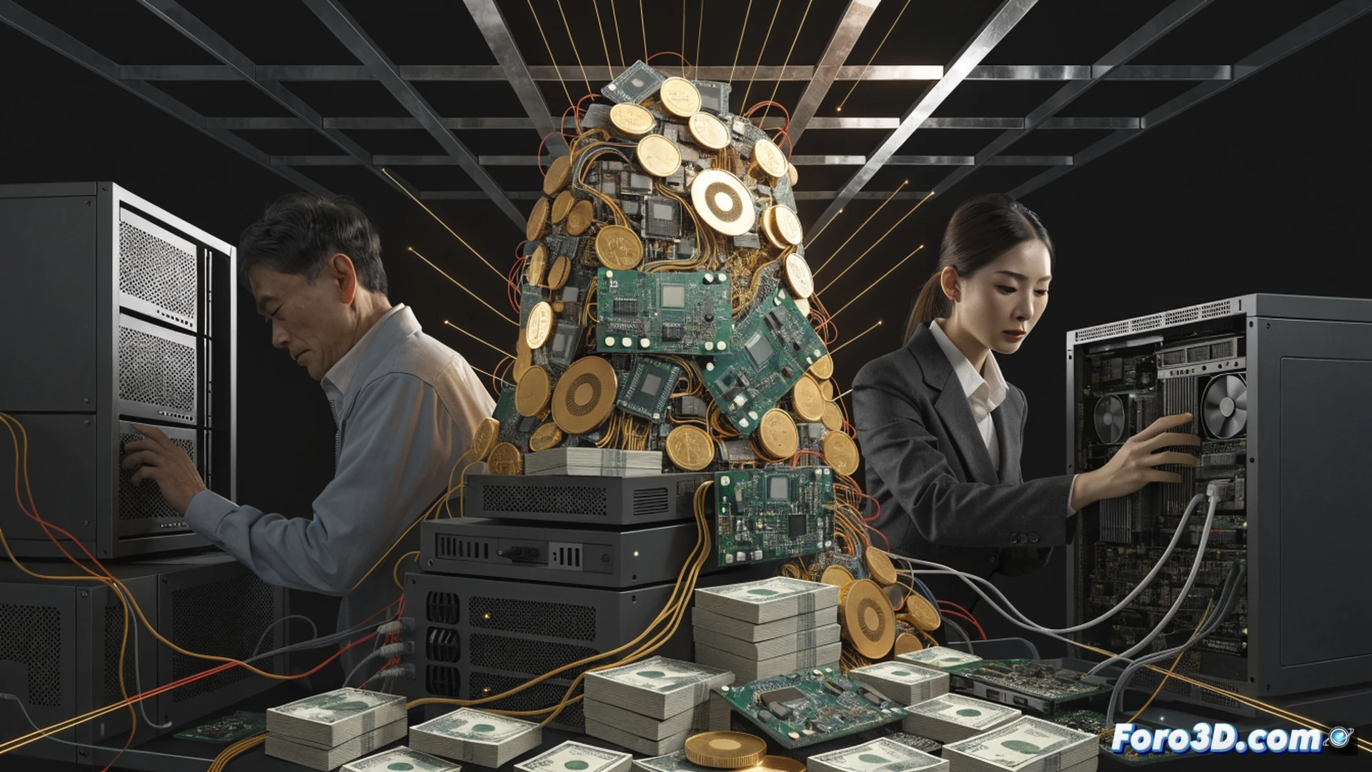 Dos manos enguantadas sostienen placas de circuito de servidor Nvidia sobre una pila de billetes de dólar, mientras un monitor muestra gráficos de transacciones blockchain y rutas de envío hacia China, una propiedad de lujo aparece borrosa al fondo, proceso de lavado de dinero tecnológico, hardware de IA siendo manipulado, software financiero en pantalla, estilo cinematográfico fotorrealista, iluminación dramática de contraste, texturas metálicas y papel moneda, detalles hiperrealistas, composición vertical