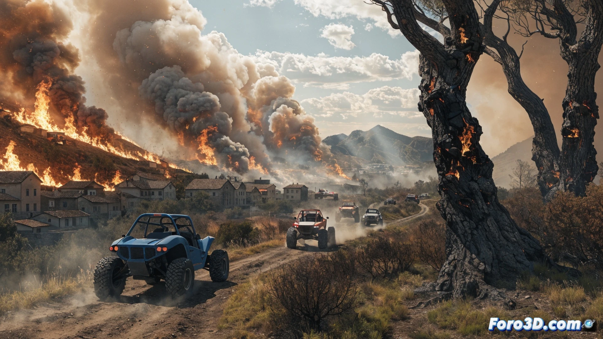 Aerial view of a dry Mediterranean forest in flames, a bright orange buggy speeding through burning pine trees, sparks and embers rising from its exhaust, smoke billowing across a parched hillside, a distant firefighting helicopter dropping water, scorched earth beneath, photorealistic cinematic wildfire scene, dramatic sunset lighting, high contrast between flames and dark smoke, ultra-detailed vegetation and vehicle tracks, technical environmental visualization