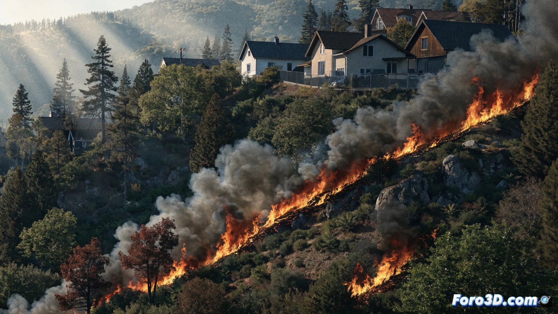 French forest wildfire approaching residential houses, flames consuming dry pine trees while smoke billows toward suburban homes, firefighters in protective gear deploying hoses near a burning fence, evacuation vehicles visible on a winding road, charred garden tools and melted irrigation pipes in foreground, cinematic photorealistic disaster scene, dramatic orange-black sky, ember trails glowing in turbulent wind, ultra-detailed smoke textures, heat haze distortion over asphalt, technical emergency response visualization
