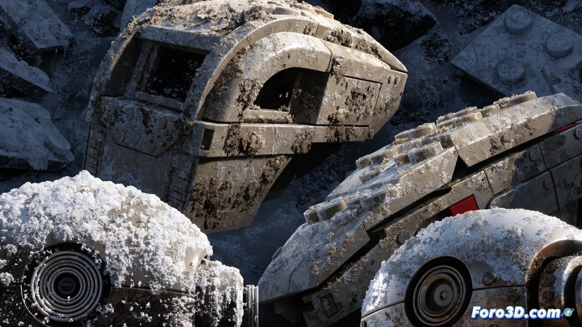 Lego Star Wars plastic brick weathering system, close-up of yellow and grey blocks accumulating sand and dust during a desert battle simulation, tiny particles of grit settling into brick crevices, dynamic dirt layer forming across glossy plastic surfaces, NTT Engine real-time rendering process, showing polygon-level dirt accumulation algorithm at work, technical illustration style, metallic tools and digital interface elements visible in background, dramatic cinematic lighting highlighting dust motes, photorealistic engineering visualization, ultra-detailed plastic texture with micro-scratches and wear