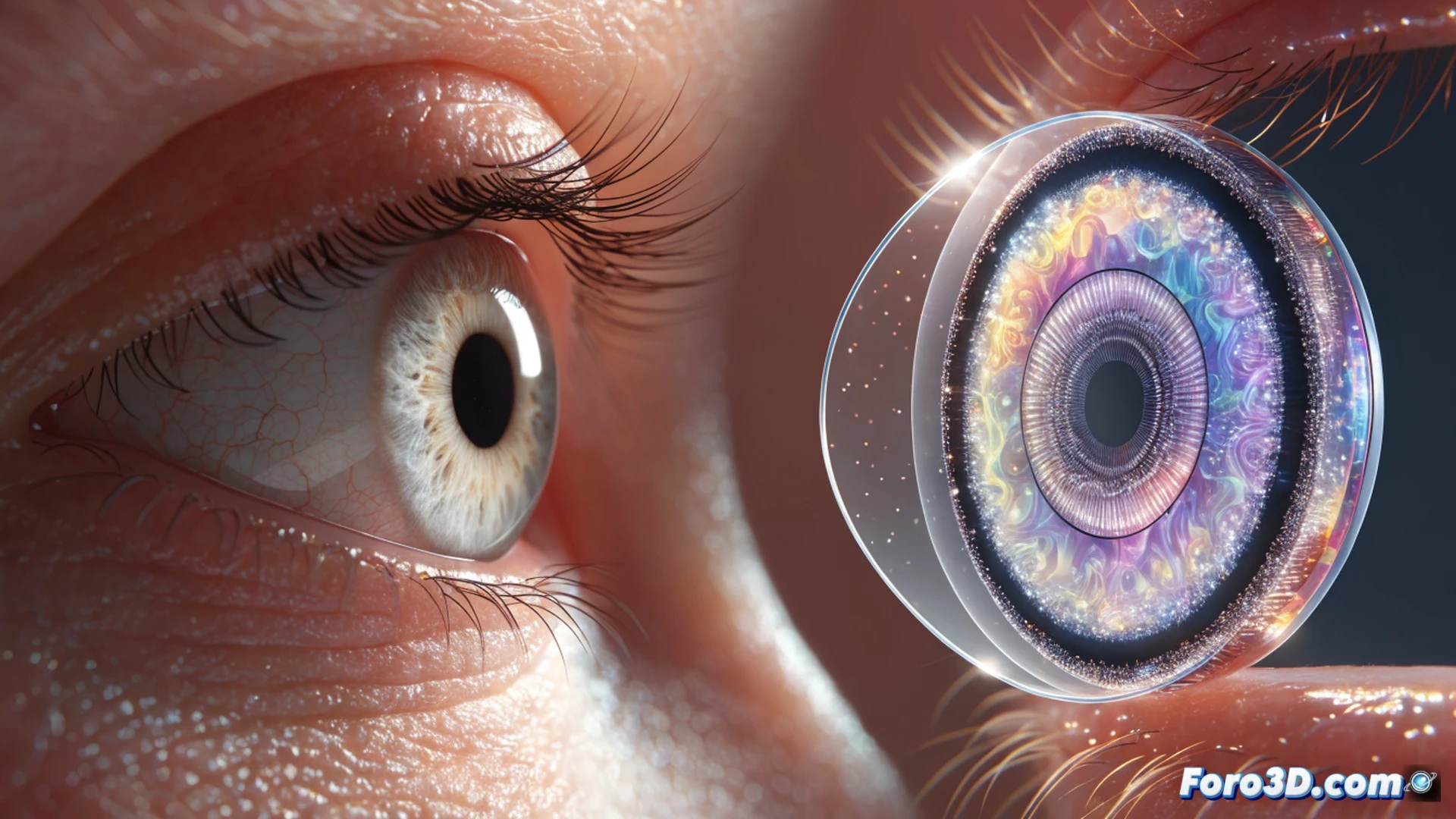 high-tech contact lens with liquid crystal core dynamically shifting focus, cross-section diagram showing layered electrodes and micro-sensors, human eye model with gaze-tracking light beams reflecting off retina, automatic focal length adjustment process, glowing blue liquid crystal molecules realigning during eye movement, cinematic technical illustration, photorealistic medical render, dark background with illuminated internal structures, precise engineering visualization, futuristic bio-optics lab setting