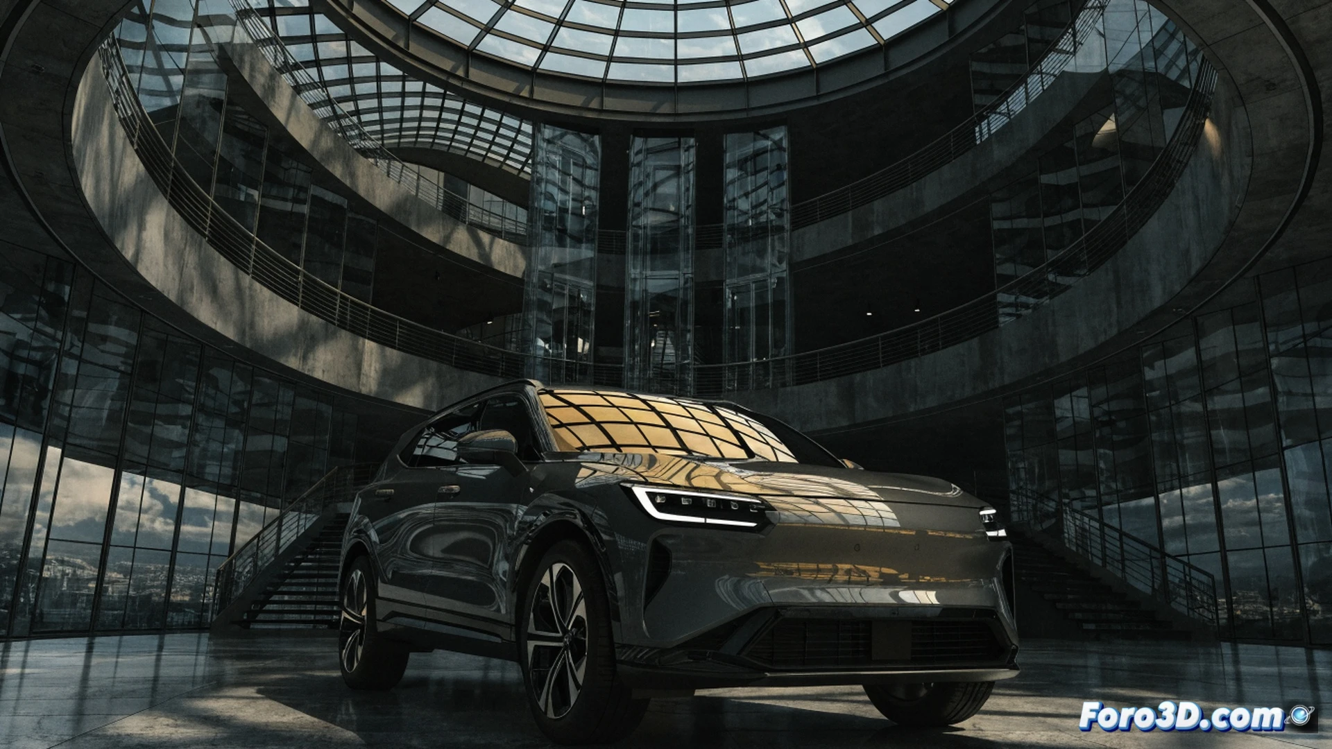 SUV híbrido enchufable Lepas L8 en un estudio técnico, mostrando su maletero abierto con 1.314 litros de espacio mientras un brazo robótico mide el volumen interior, batería expuesta bajo el chasis durante una simulación de carga, autonomía combinada de 1.100 km indicada mediante un panel digital en el tablero, ingenieros revisando el sistema híbrido en acción, photorealistic engineering visualization, iluminación de estudio fría, superficies metálicas reflectantes, detalles de suspensión y motor visibles, render técnico ultrarrealista