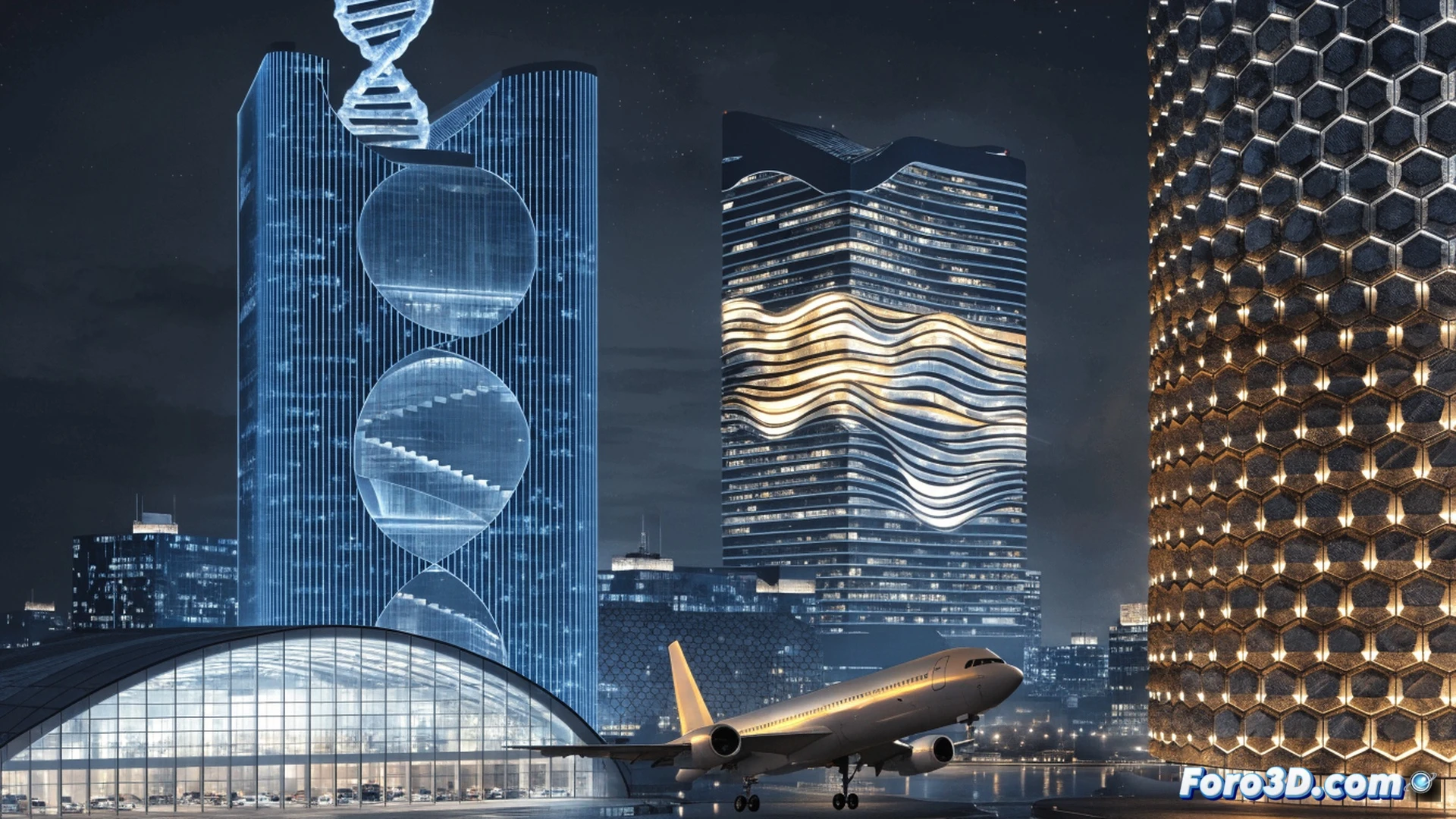 photorealistic cinematic aerial view of Hospital de Bellvitge complex adjacent to a futuristic biomedical construction site in 2031, construction cranes actively assembling modular glass-and-steel laboratory buildings, autonomous electric drones delivering medical packages from a nearby airport runway, glowing blue pharmaceutical cold-chain containers being loaded into cargo aircraft, workers in protective suits monitoring holographic logistics dashboards, sleek urban landscape with green rooftops, sunrise golden lighting over the city, ultra-detailed architectural visualization, engineering illustration style, clear sky with contrails, dynamic sense of progress and global distribution in action