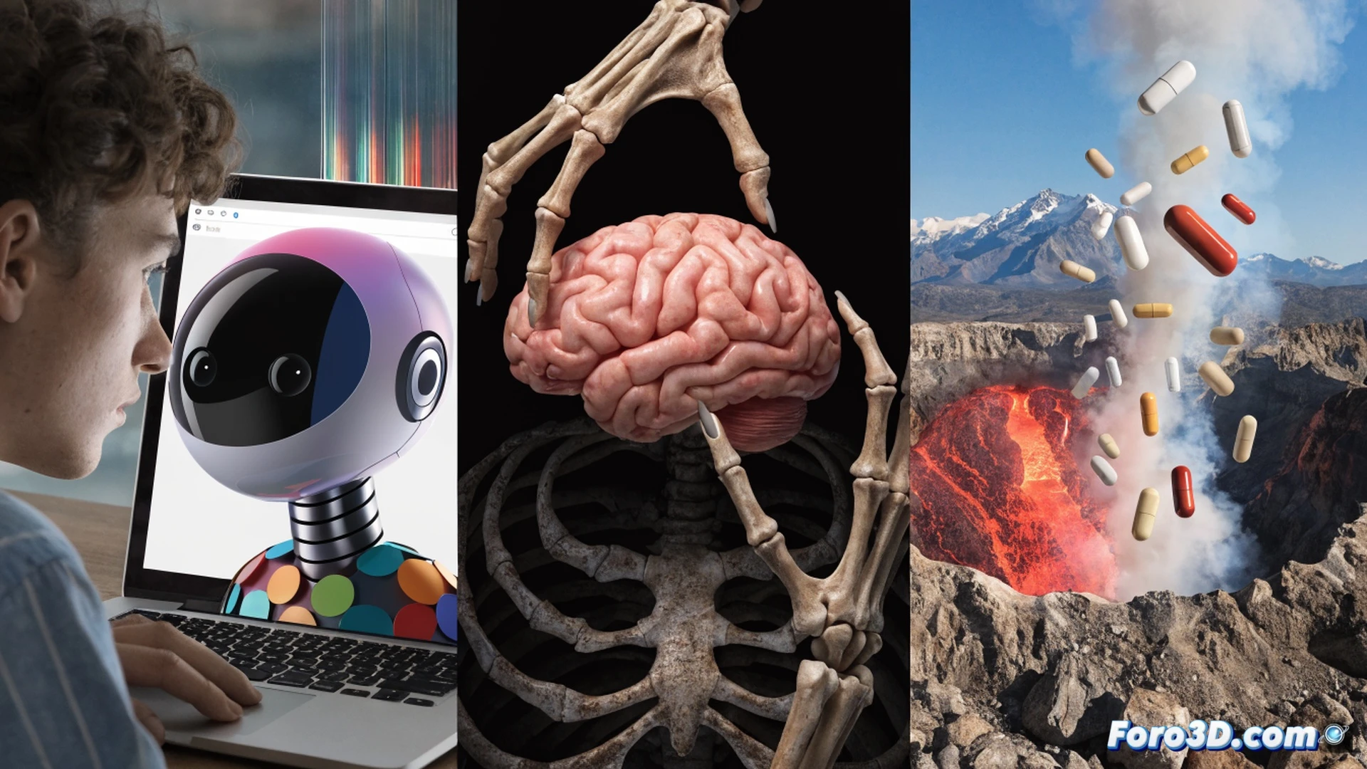 A person holding a smartphone with a chatbot conversation visible on the screen, while a translucent ghost-like figure representing death stands behind them, and floating transparent pill capsules and molecular structures hover nearby, with a faint volcanic landscape in the background, the scene showing the intersection of digital relationships, mortality, and pharmacology, photorealistic technical illustration, cinematic lighting, soft focus blending technology and emotion, no text or numbers, ultra-detailed reflections on the phone screen, ethereal glowing particles.