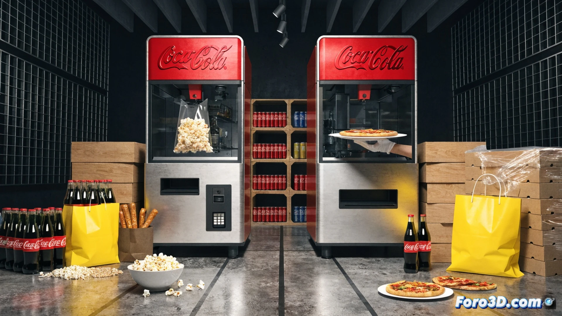 Two Coca Cola snack machines on a sunny summer terrace, left machine dispensing popcorn into a bowl while right machine shows a pizza sliding out onto a tray, steam rising from the hot pizza, both machines with glossy red and white branding, a hand pressing a button on the pizza machine, outdoor setting with garden furniture and a cool drink on the table, cinematic photorealistic product shot, bright natural sunlight, shallow depth of field emphasizing the machines in action, ultra-detailed plastic and metal surfaces, vibrant red and silver highlights, summer leisure atmosphere, technical product visualization