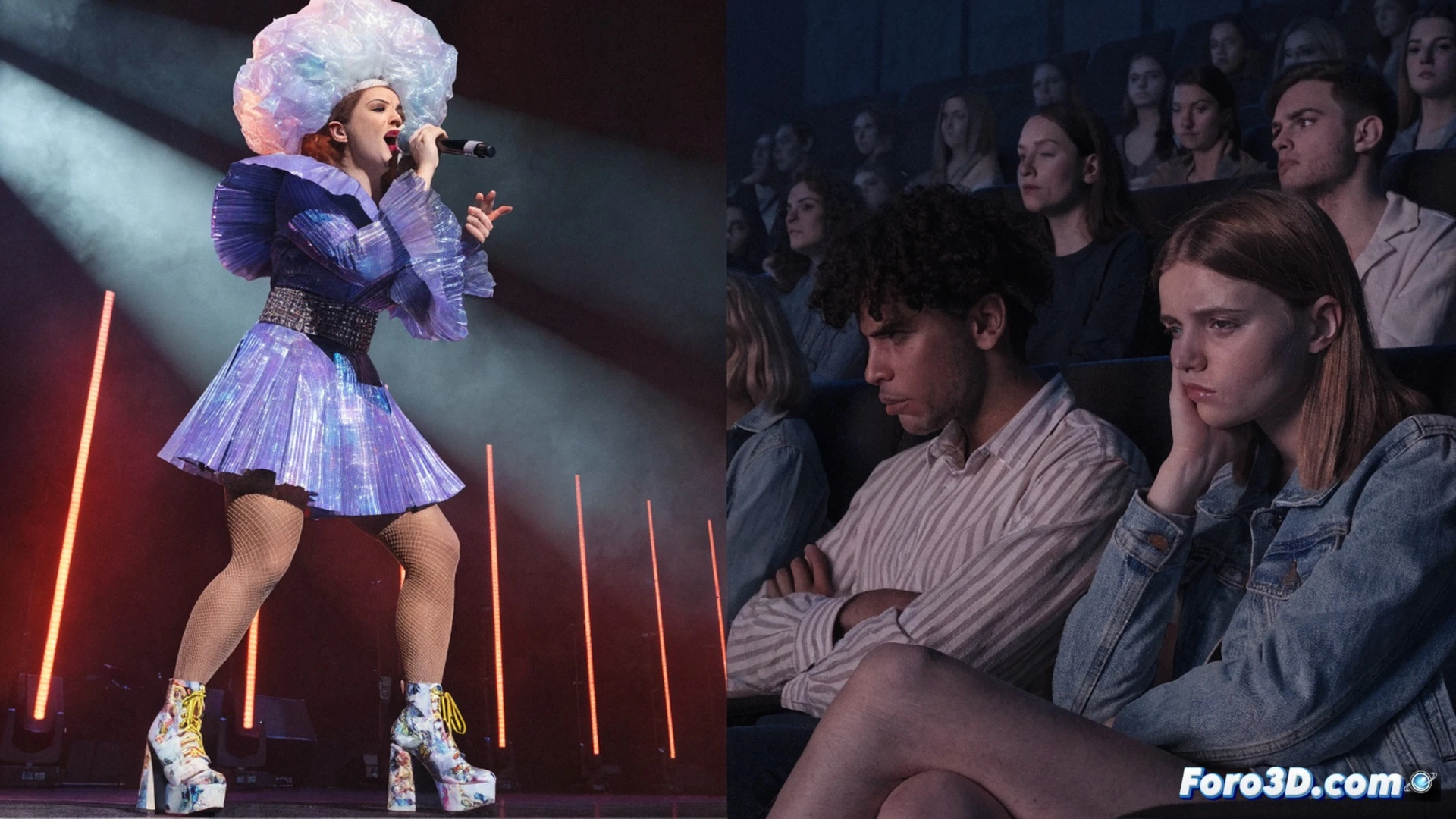 Photorealistic concert scene showing a singer on stage performing with minimal interaction, audience members checking smartphones displaying event descriptions and ticket prices, empty stage with no opening act visible, clock on wall showing exactly 60 minutes, audience looking disappointed while holding tickets with 86 price tag, dramatic stage lighting contrasting with dim auditorium, technical illustration style, detailed concert equipment including microphones and speakers, audience frustration visible through body language, ultra-realistic textures on stage floor and seating, cinematic composition with shallow depth of field