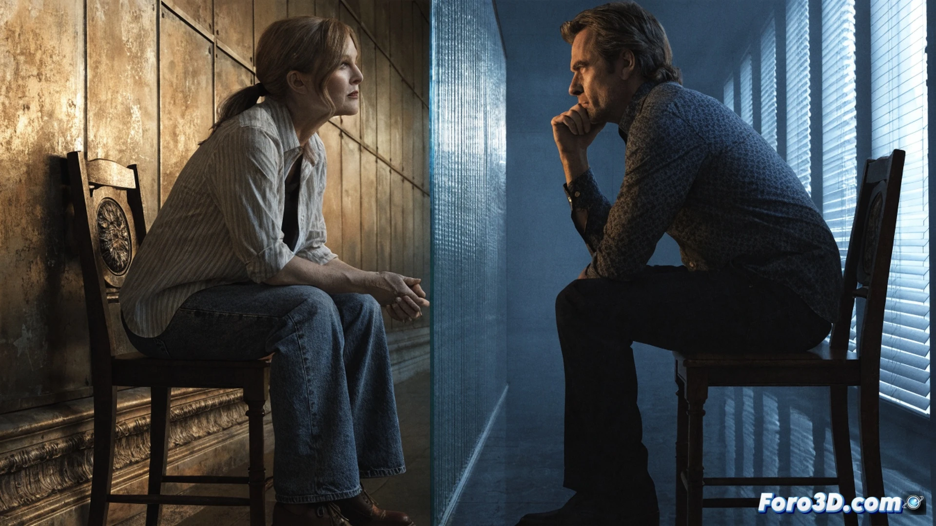cinematic scene of a massive open book floating above a movie editing desk, pages turning slowly while a film reel unravels and tangles around a director's clapperboard, a magnifying glass on the script reveals tiny cramped text, a digital editing timeline on a monitor shows a flat horizontal line with no peaks, Julianne Moore and Clive Owen stand frozen as mannequins in the background, photorealistic technical illustration, dramatic chiaroscuro lighting, dust particles suspended in a beam of light, ultra-detailed textures of paper and metal, cluttered workspace with scattered storyboards and a coffee cup, motion blur on the turning pages