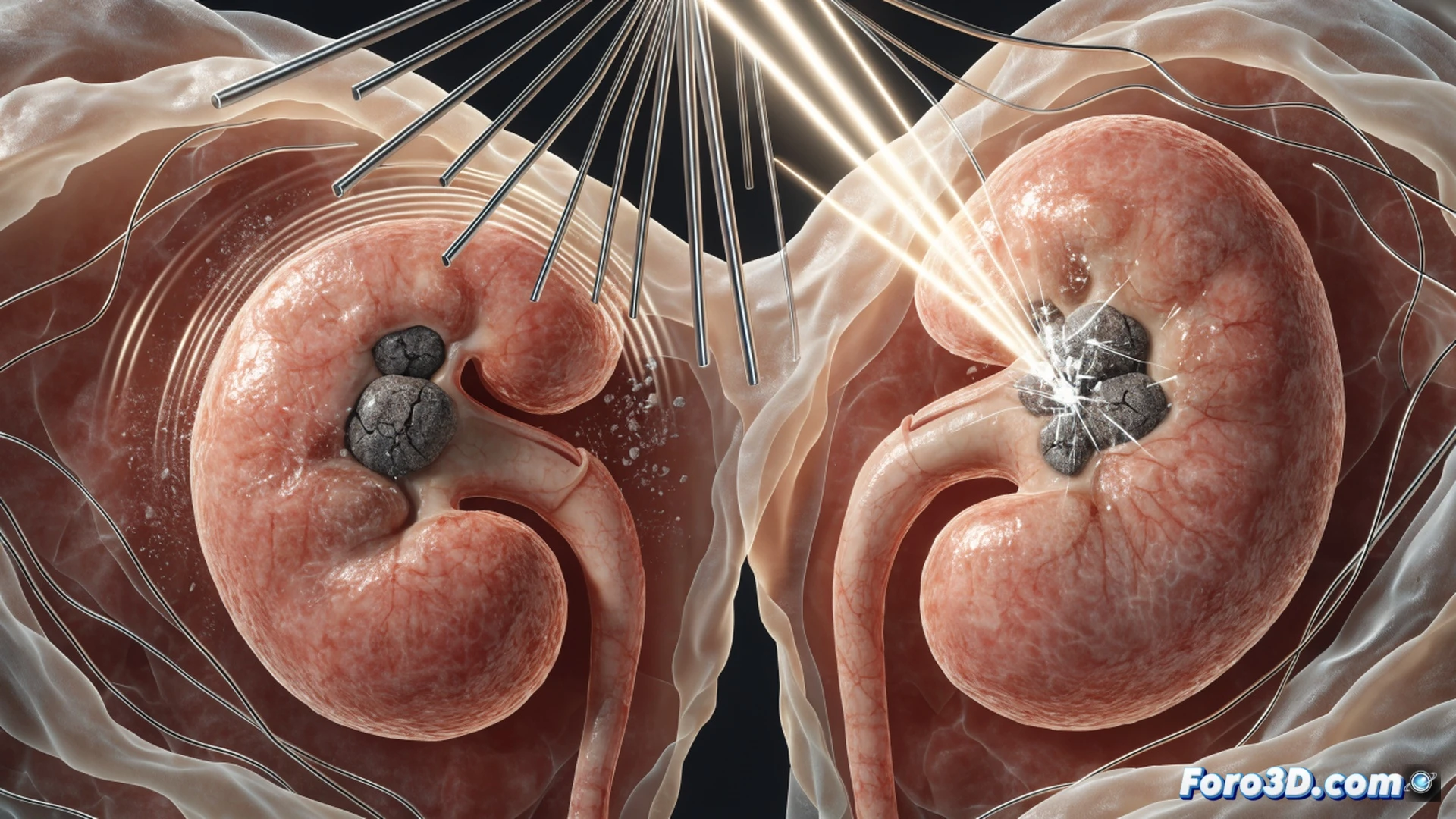 litotricia extracorpórea en acción, ondas de choque focalizadas impactando un cálculo renal dentro del riñón, ultrasonido dirigido desde un transductor externo hacia la piedra, fragmentos rompiéndose en partículas pequeñas, tejido renal circundante intacto, equipo médico con pantalla mostrando ondas concéntricas y zona de impacto, paciente acostado en camilla, haz de energía azul translúcido atravesando el cuerpo, estilo cinematic engineering visualization, iluminación dramática azul y blanca, texturas realistas de órganos y hardware médico, alta precisión técnica, render fotorrealista