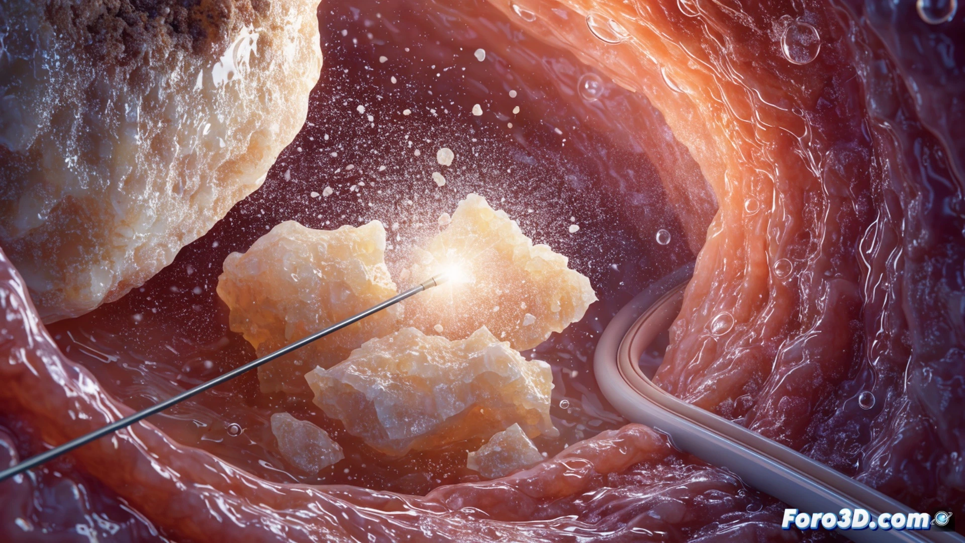 Real-time holmium laser lithotripsy inside a translucent kidney model, flexible endoscope tip emitting rapid high-frequency infrared pulses, a large gallstone being shattered into fine dust particles with visible shockwave ripples, surrounding soft tissue remaining untouched, surgical laser fiber glowing with intense bright green beam, endoscopic camera view showing debris cloud, cinematic medical visualization, dramatic dark operating room lighting, photorealistic technical illustration, ultra-detailed optical fiber and stone fragmentation process