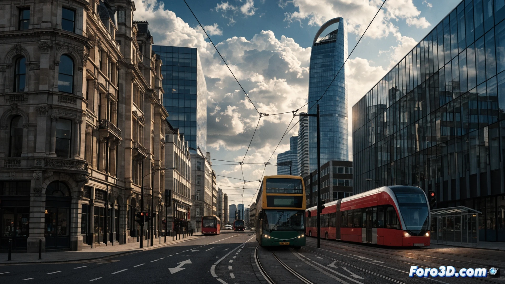 double-decker bus driving through London summer street, digital fare display showing frozen price, passengers boarding with contactless card readers, city skyline blurred in background, cinematic photorealistic style, golden hour sunlight casting long shadows, red bus reflecting on wet pavement, people holding weekend travel passes, tram tracks glistening in distance, urban mobility scene with clear action of commuting, modern transport infrastructure, realistic lighting and reflections, technical illustration of public transit system, warm summer atmosphere with cooling visual tones