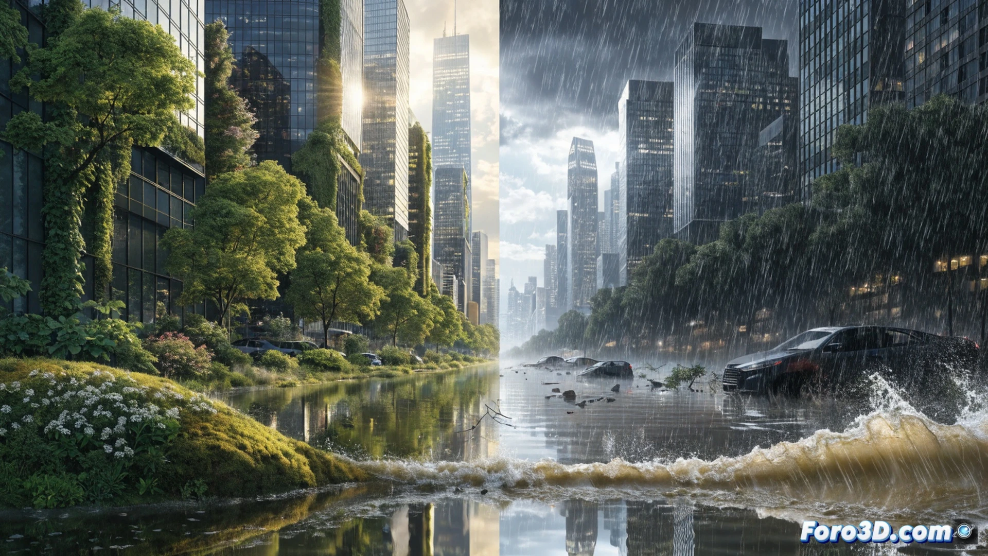 London cityscape split in half by a diagonal crack, left side showing flooded streets with submerged cars and rising water around a Tube entrance, right side showing cracked dry earth and heatwaves distorting skyscrapers, a team of engineers installing green roof panels and permeable pavement blocks in the foreground, drainage pipes and soil moisture sensors being connected, technical illustration style, cinematic lighting, photorealistic engineering visualization, action of installation process, ultra-detailed urban infrastructure, dramatic climate contrast, glowing data overlays on construction machinery