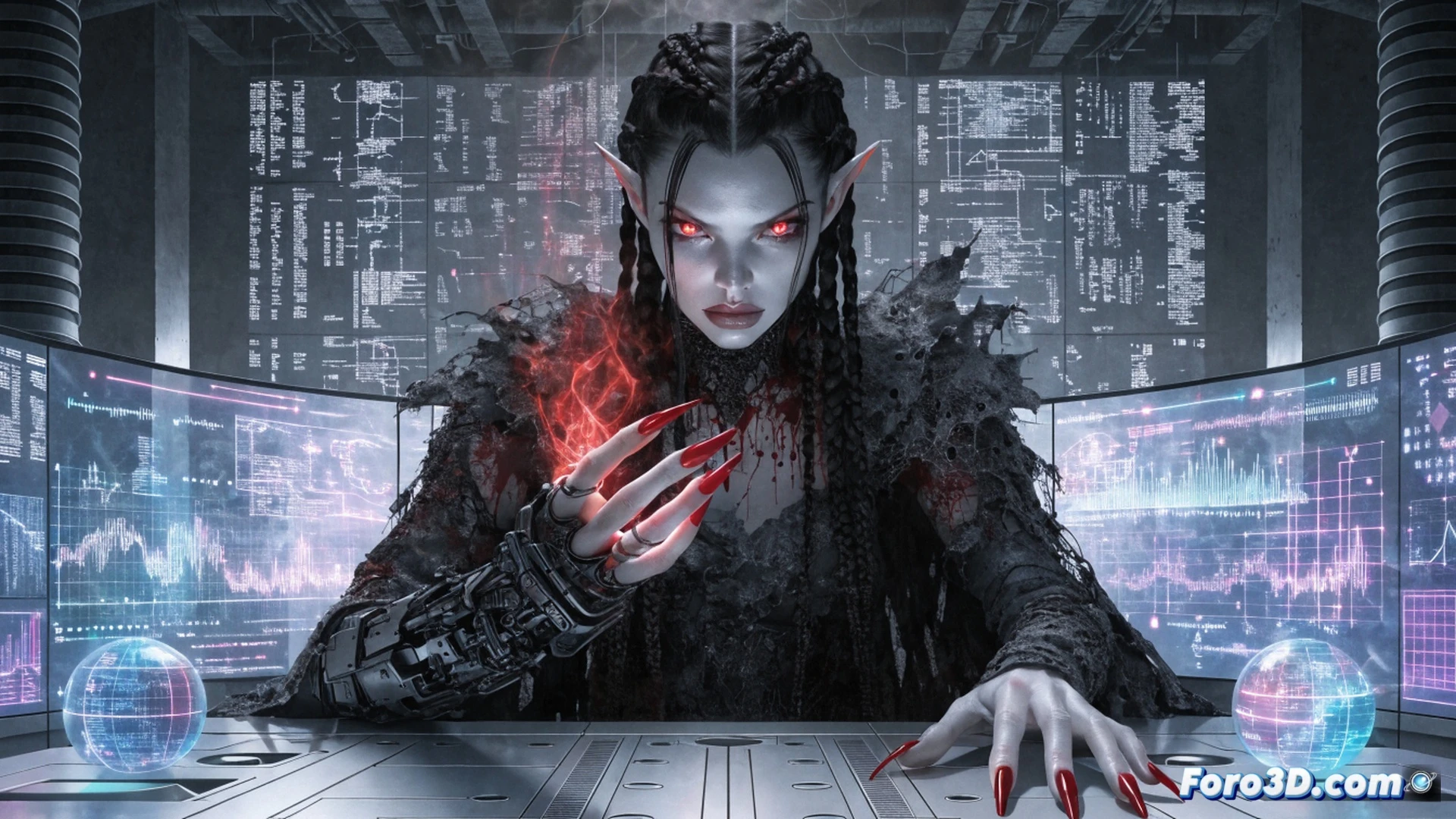 gothic superheroine with pale skin and sharp fangs, psychic energy crackling from her fingertips, standing on a rain-slicked rooftop at night, holding a glowing crystal orb, behind her a shadowy vampire figure dissolving into mist, in the distance a neon-lit city skyline with surveillance drones and satellite dishes, cinematic photorealistic style, dramatic chiaroscuro lighting, blue and crimson electric arcs surrounding her, wet asphalt reflecting city lights, ultra-detailed textures on leather costume and metallic rooftop vents, action pose demonstrating psionic attack, motion blur on trailing energy strands