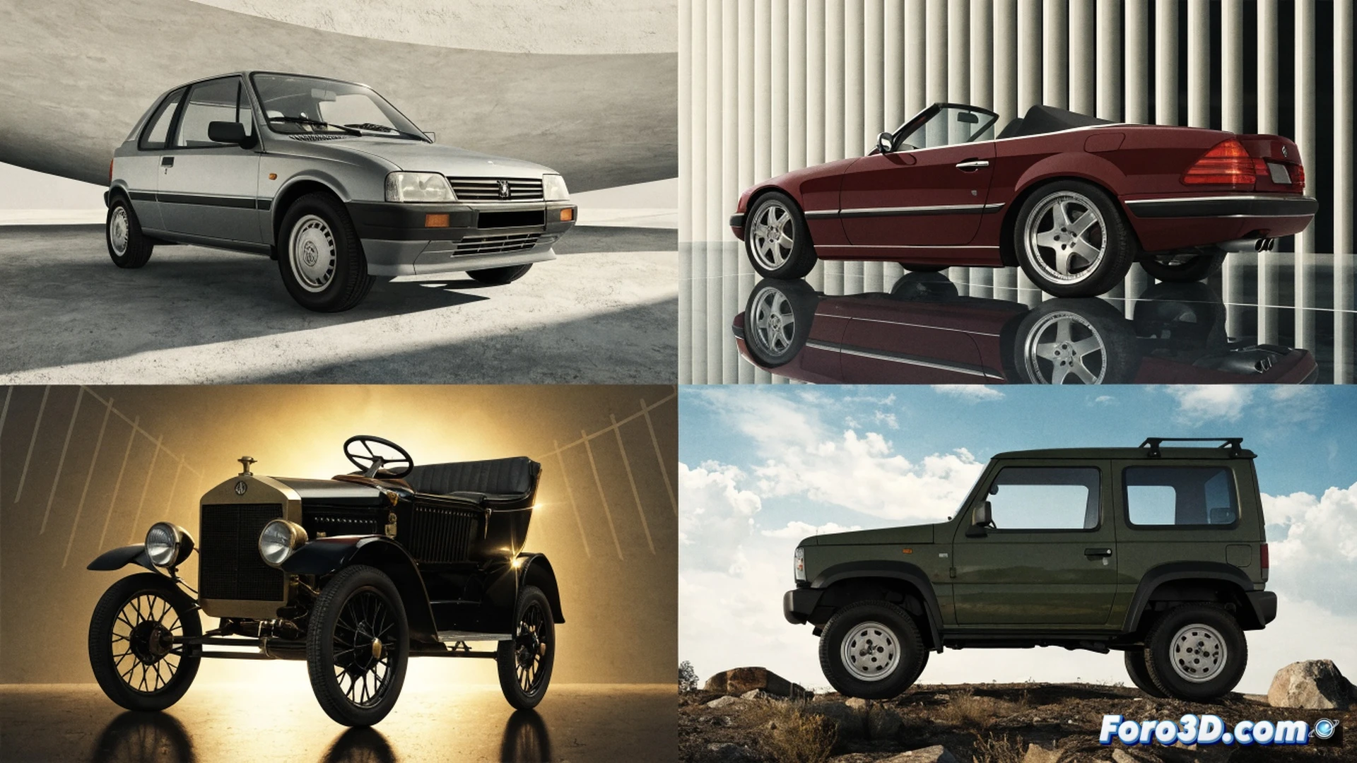 Four iconic vehicles arranged in a circular timeline, showing gradual wear and patina over decades. A Peugeot 205, Mercedes-Benz SL, Ford Model T, and Suzuki Jimny parked in a sunlit garage, each with open hoods revealing engines being inspected. Mechanics using diagnostic tablets and wrenches while comparing maintenance intervals on a holographic chart. Cinematic engineering visualization, photorealistic textures, metallic reflections on tools, warm industrial lighting, dust particles floating in light beams, concrete floor with oil stains, ultra-detailed engine components, technical illustration style.