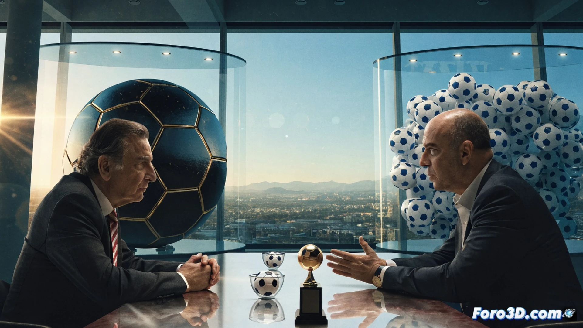 Rafael Louzán y presidente de FIFA en palco VIP de estadio, estrechando manos frente a partido España vs Austria en vivo, Louzán señalando gráficos tácticos en tableta digital con mapa de sedes españolas, banderas de RFEF y FIFA ondeando, gradas llenas con aficionados celebrando, pantalla gigante mostrando repetición de jugada, estilo cinematográfico fotorrealista, iluminación dramática de estadio nocturno, tonos azul y rojo, profundidad de campo con desenfoque de fondo, texturas de césped y asientos nítidas.
