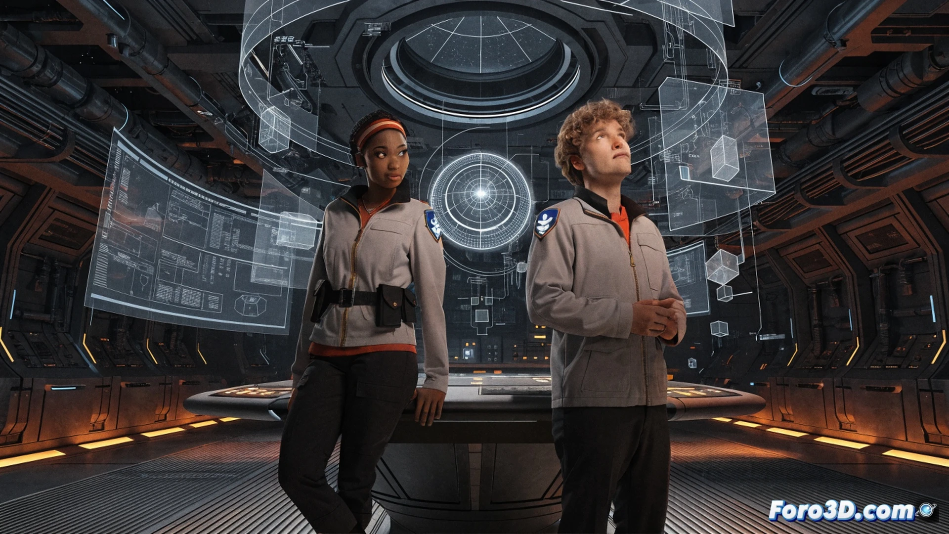 animated starship bridge scene, holographic star map displaying unexplored quadrant sectors, two animated characters in Starfleet uniforms standing near a central console, one pointing at a trajectory line while the other holds a PADD showing cancelled season plans, technical panels with blinking status lights, engineering schematics floating in mid-air, cinematic animation style, dramatic blue and orange lighting, stylized cel-shaded aesthetic, dynamic pose conveying frustration and determination, glowing warp core visible through rear window, metallic surfaces with subtle reflections