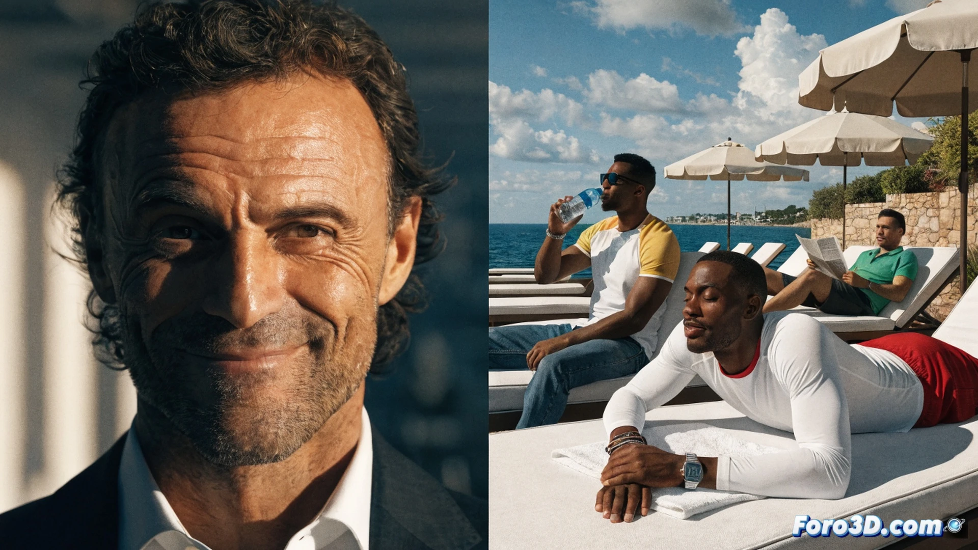 Luis Enrique señalando una pizarra táctica con flechas de crecimiento ascendente hacia un mapa de España, balón de fútbol en primer plano con efecto de movimiento, al fondo sombras de jugadores portugueses del PSG en dirección opuesta hacia un calendario de vacaciones, ambiente de estadio iluminado con focos, estilo cinematográfico deportivo, textura de césped y sudor, photorealistic technical illustration, acción de estrategia en proceso durante análisis táctico, luces dramáticas, detalles de equipamiento técnico