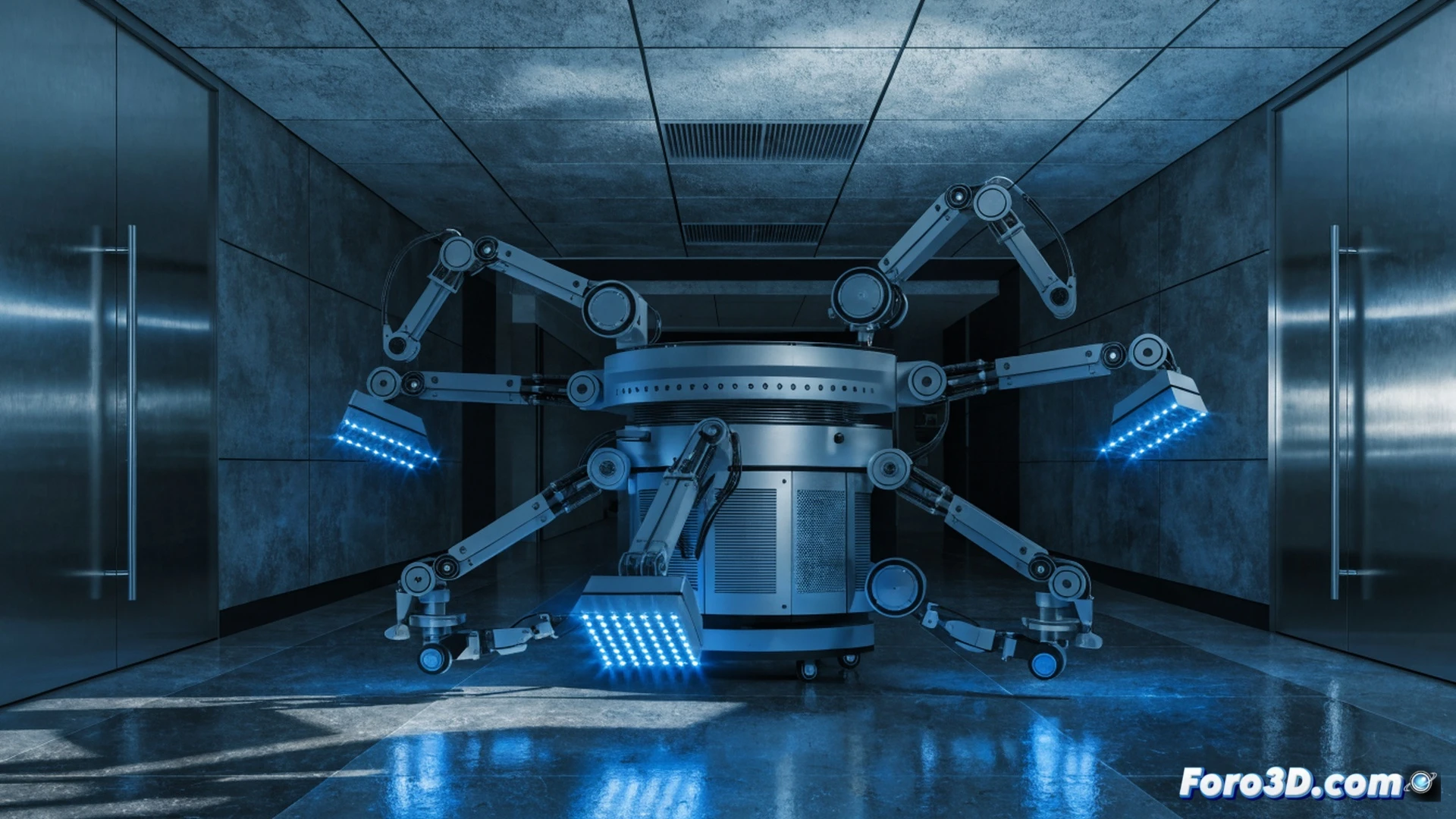 Autonomous UV-C robot disinfecting a hospital operating room, robotic arm emitting short-wave ultraviolet light beams onto a surgical table surface, molecular structures of viruses being fragmented by the light rays, no ozone or toxic fumes visible, clean metallic medical instruments nearby, soft blue LED glow from the robot s sensors, autonomous navigation system scanning the room with LiDAR, sterile white walls and tiled floor, dramatic low-angle cinematic lighting, photorealistic technical illustration, sharp focus on the UV emission process and microbial destruction, ultra-detailed hardware components