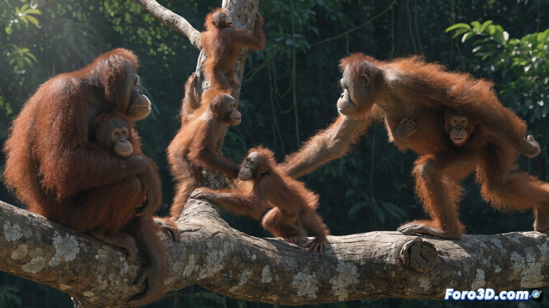Dos orangutanes jóvenes trepando una liana en el dosel del bosque tropical, una madre observando desde una rama cercana mientras sostiene una fruta a medio comer, demostrando priorización del juego social sobre la alimentación, hojas y ramas iluminadas por rayos de sol filtrándose entre el follaje, profundidad de campo con fondo selvático difuso, estilo cinematográfico y fotorrealista, iluminación natural cálida, texturas detalladas del pelaje y la corteza, plano general con acción dinámica de los pequeños primates balanceándose y girando durante el juego