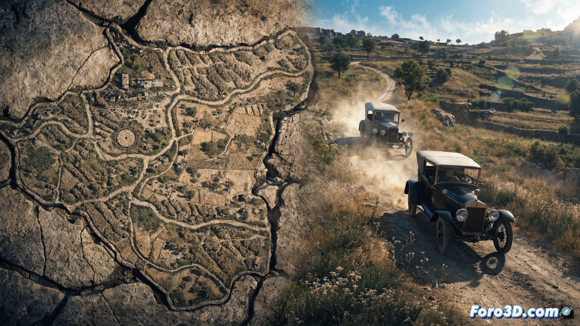 Early 1900s Sicilian countryside at golden hour, dust particles floating in warm Mediterranean light, vintage Fiat 508 Balilla kicking up limestone powder on a dirt road while a man in a dark suit cleans a revolver inside the car, cracked leather seats and wooden steering wheel visible, distant stone farmhouse and olive groves, photorealistic cinema grade render, volumetric light beams cutting through dust clouds, subtle lens flare on chrome headlamps, worn metal surfaces with patina, ultra realistic dust physics simulation, dramatic historical atmosphere