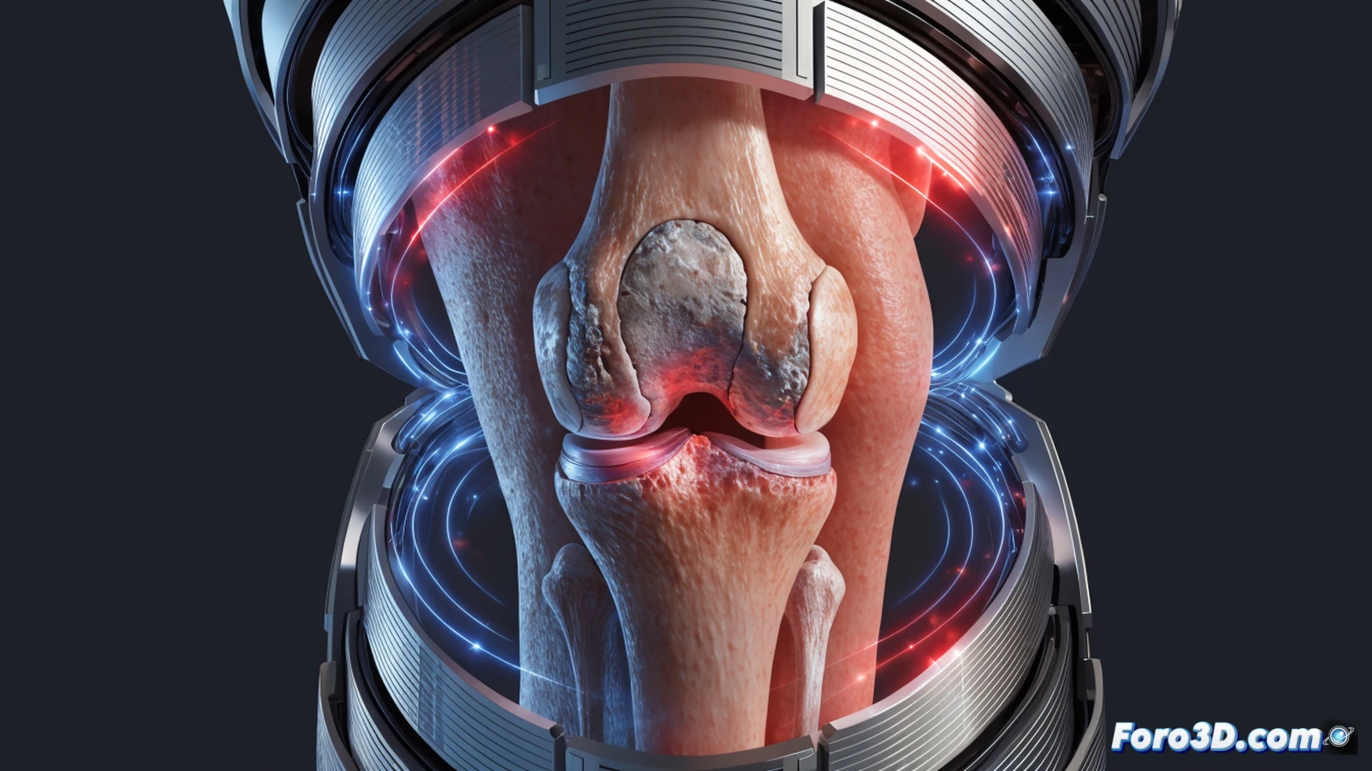 rodilla artrósica con rodillera de magnetoterapia envolvente activa, campos magnéticos azules y blancos fluyendo en espiral alrededor de la articulación, tejido inflamado reduciéndose mientras el cartílago dañado se regenera visiblemente, demostrando el proceso de alivio focalizado, cinematic medical visualization, iluminación quirúrgica fría, texturas realistas de piel y hueso, líneas de campo magnético brillantes con efecto glowing, render fotorrealista técnico, detalle anatómico preciso
