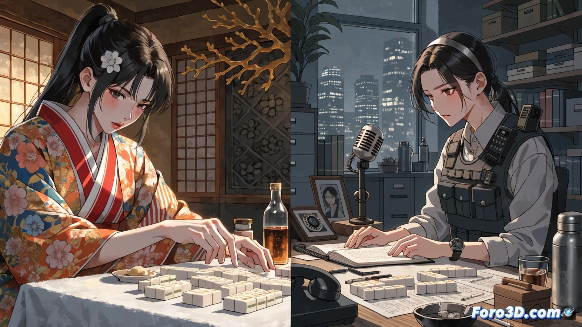 Two manga volumes displayed at a convention booth, Golden Sakura showing a man adjusting a wig while holding mahjong tiles, Maetel of the Glassy Sea depicting a woman holding a camera and pointing at a mahjong table, tiles mid-shuffle during a tense match, dramatic spotlight on both covers, convention crowd blurred in background, neon booth lights reflecting on glossy book surfaces, cinematic manga display, photorealistic convention scene, detailed tile textures and book spines, dynamic action frozen mid-motion, professional event lighting
