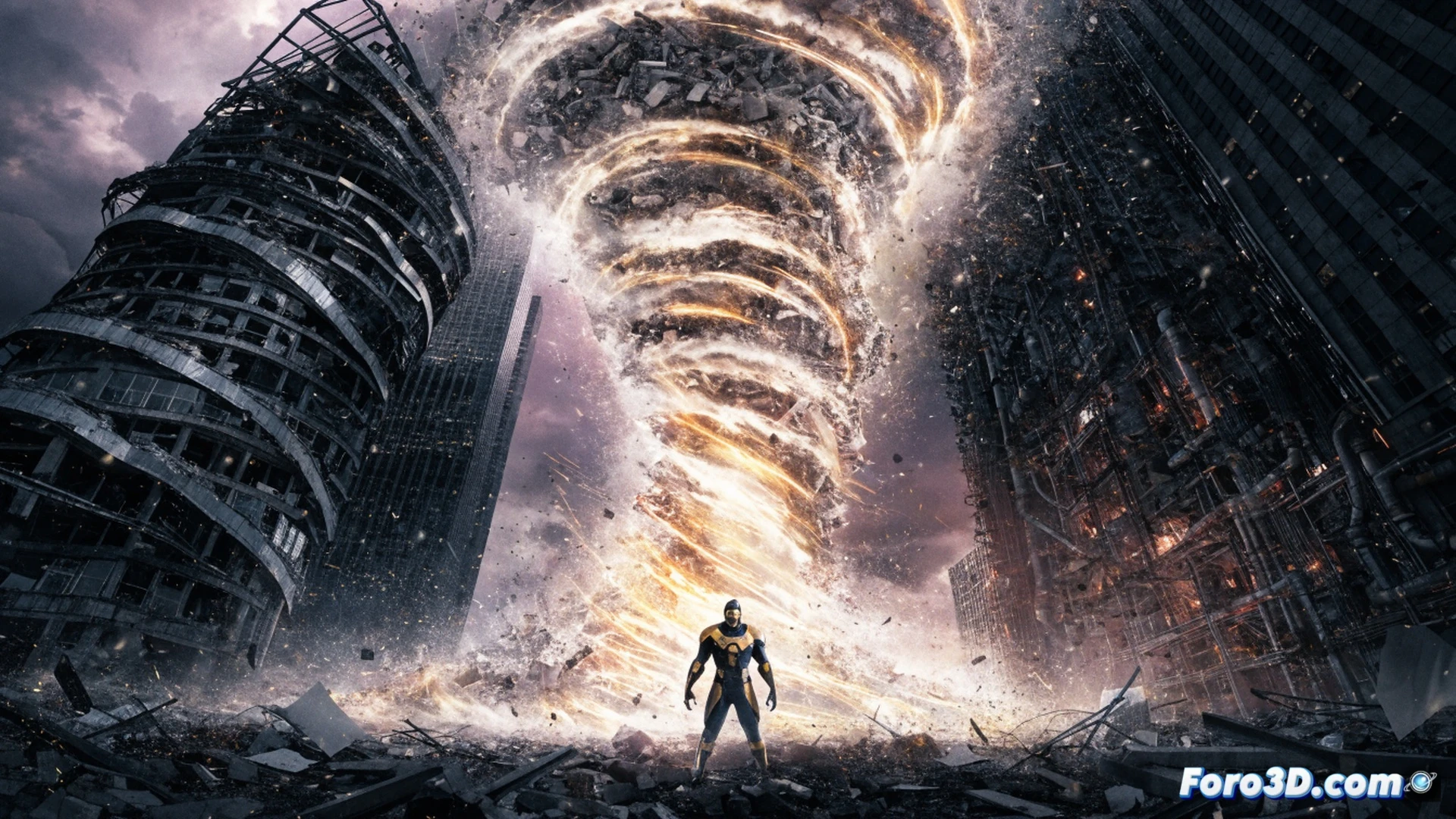 superhero in torn blue costume standing on a collapsed city street, electrical cables sparking from a damaged power substation, broken traffic light hanging sideways, smoke rising from a crashed delivery drone nearby, concrete debris scattered around his boots, one hand raised as lightning strikes a distant skyscraper while a clock tower shows the time as 11:59, dramatic storm clouds overhead, cinematic superhero composition, photorealistic digital painting, wet asphalt reflecting neon signs, high contrast lighting with deep shadows, ultra-detailed costume textures, heroic but tragic atmosphere, wide-angle perspective showing destruction and delayed arrival