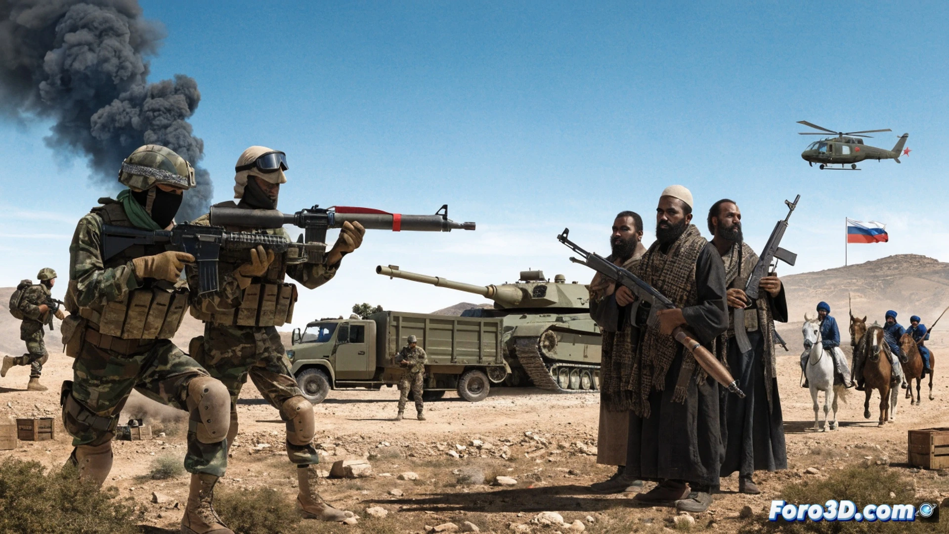 Sahelian desert battlefield at dusk, Malian soldiers firing from a sandbagged position while Tuareg fighters on motorbikes and islamist militants in technical vehicles approach in a coordinated pincer movement, Russian military advisors observing from a hilltop with binoculars, smoke from burning market stalls rising in the background, civilians fleeing with bundles of goods, photorealistic cinematic war photography style, dramatic golden hour light, dust particles suspended in air, military equipment details, tactical formations visible, ultra-detailed terrain textures