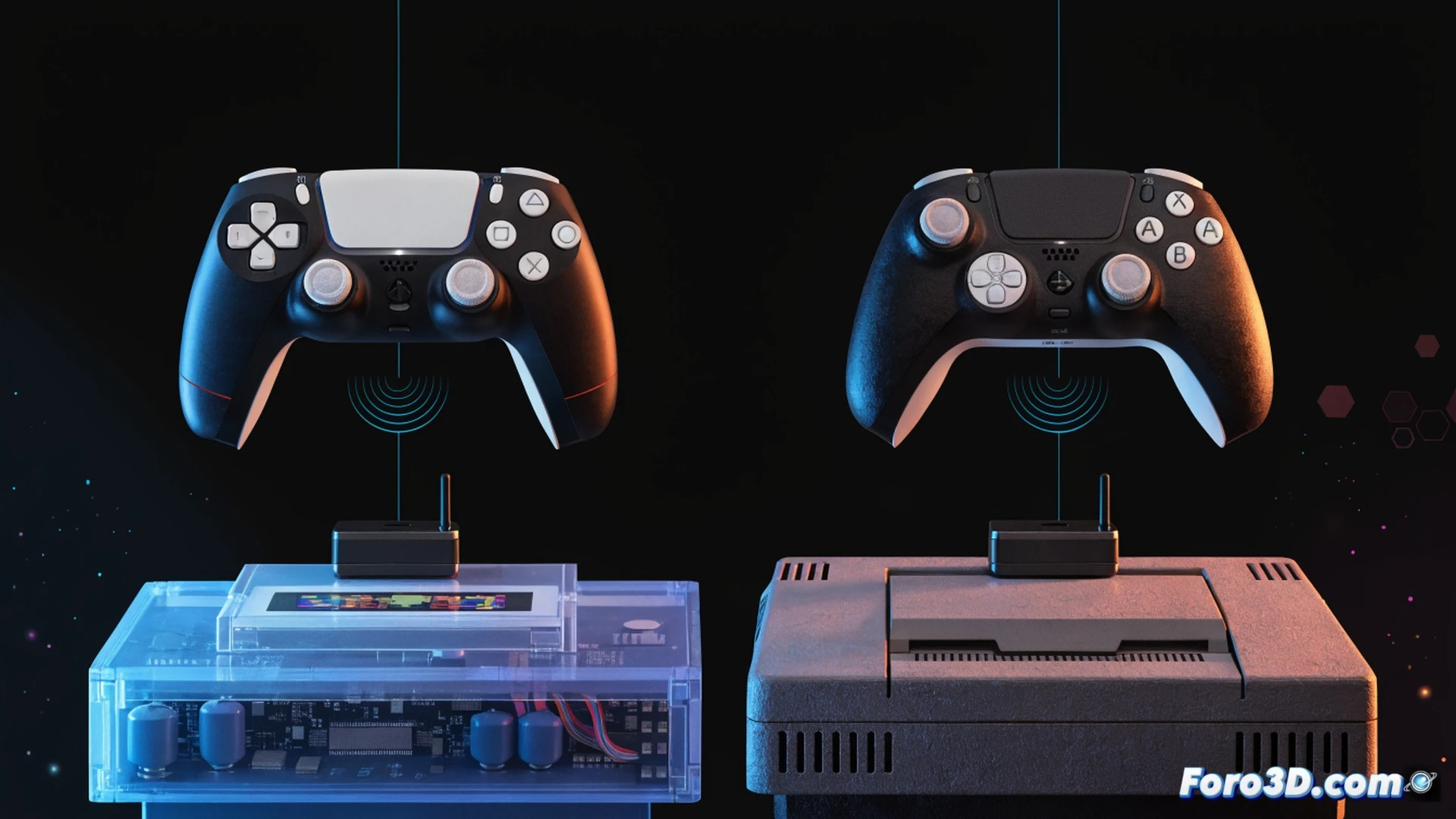 Retro gaming setup mostrando un mando de PS5 conectado mediante un pequeño adaptador Bluetooth blanco a una PlayStation clásica, manos sosteniendo el mando mientras la pantalla muestra un juego retro en acción, cables de alimentación visibles pero sin cables de mando, consola retro con superficie mate y ventilación original, adaptador USB insertado en puerto frontal, iluminación tenue de neón azul y rojo creando contraste entre lo antiguo y moderno, estilo fotorealista cinematográfico, texturas de plástico desgastado y nuevo contrastadas, fondo de trastero con estanterías difuminadas, profundidad de campo suave, detalles técnicos nítidos en el adaptador y conexiones.
