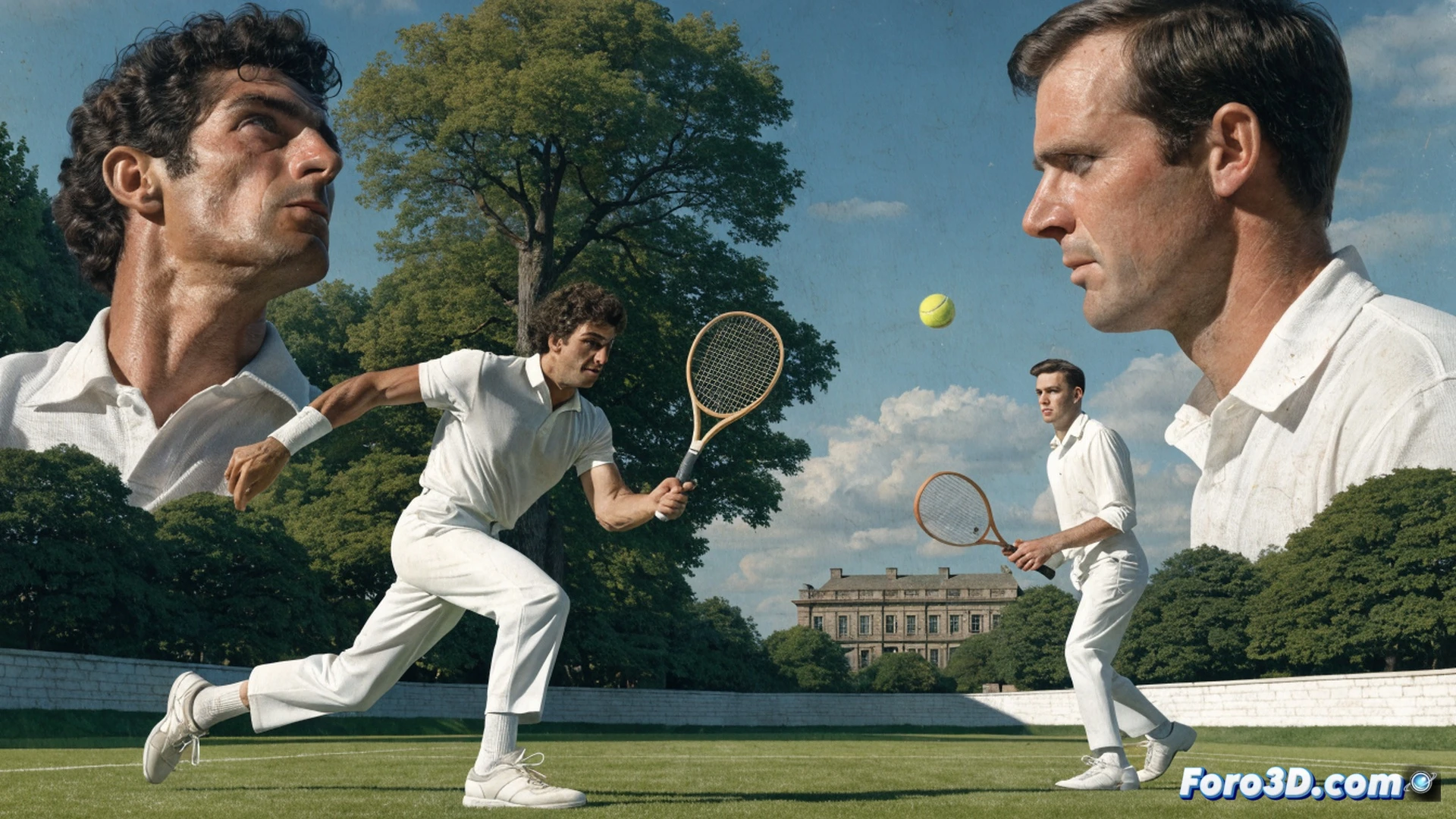 Manolo Santana en la final de Wimbledon 1966 ejecutando un revés cortado sobre hierba, raqueta de madera impactando la pelota, sin sillas en pista ni tie-break, saque a 170 km/h con efecto liftado, público de época en graderío de césped, luz natural de atardecer londinense, polvo de cal blanca elevándose, vestimenta blanca clásica, estilo cinematic photorealistic, textura de hierba realista, acción congelada mostrando el momento preciso del golpe, profundidad de campo dramática, homenaje visual a seis décadas de legado tenístico.