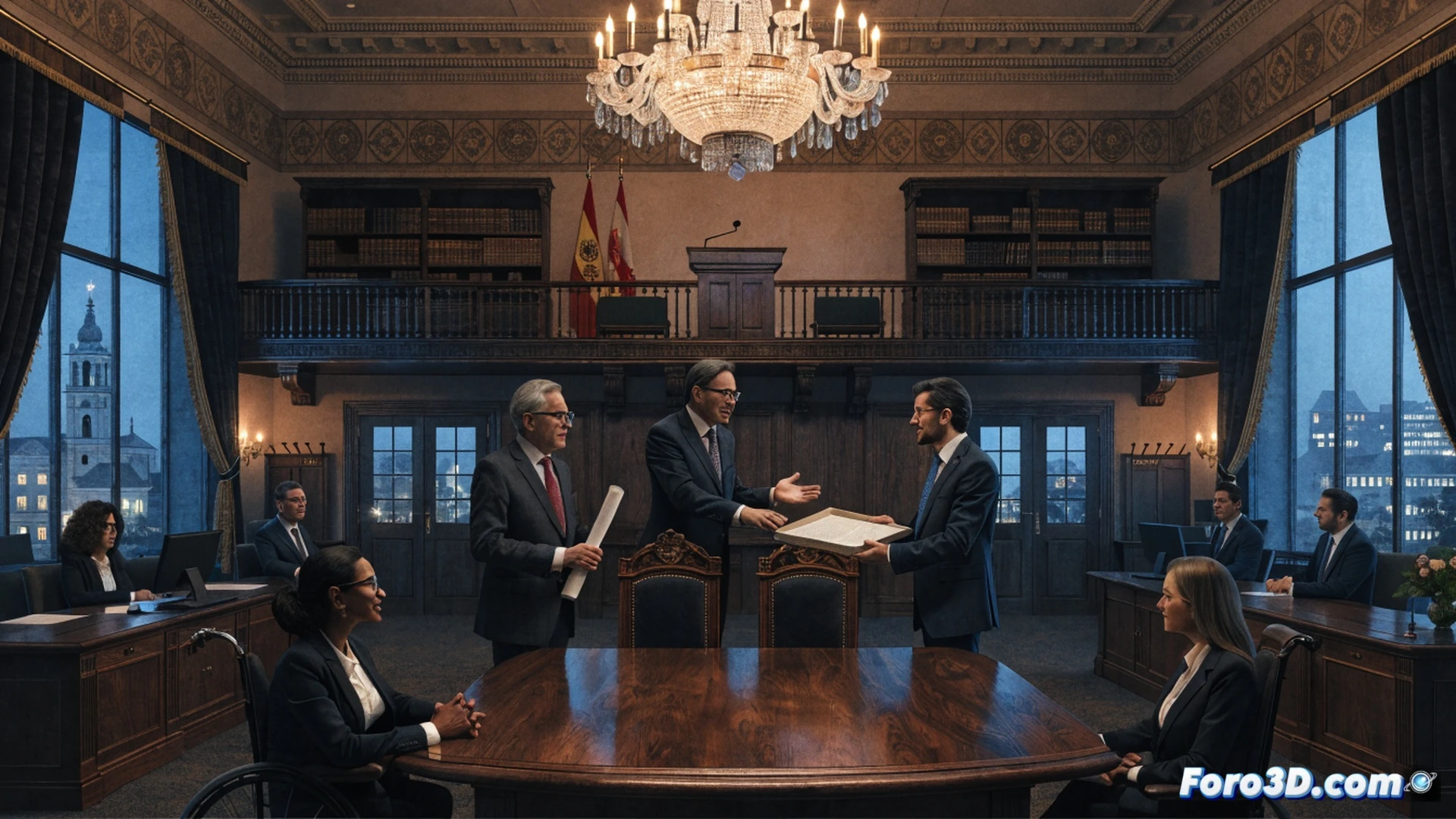 Ayuntamiento de Manzanares, sala de juntas municipal, plano cenital de documentos sobre mesa, un sello de caucho estampando un papel con firma oficial, reloj de pared marcando las 12 en punto, fondo con maquetas de edificios municipales y herramientas de mantenimiento como escobas y llaves inglesas, luz natural entrando por ventanas, estilo photorealistic technical illustration, colores azul y blanco corporativos, textura de papel rugoso, sombras suaves, enfoque nítido en el sello durante la acción de sellado, simbolizando acuerdo y estabilidad laboral hasta 2031.
