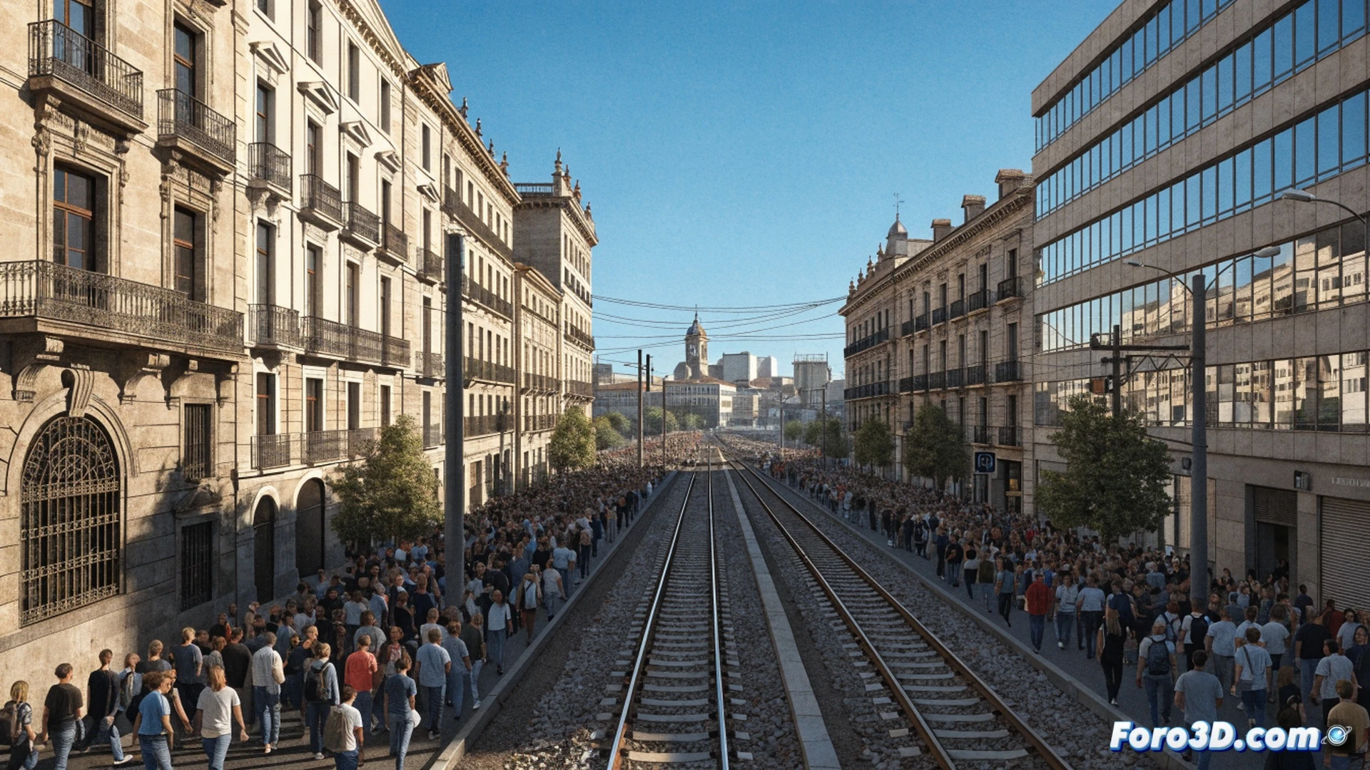 photorealistic scene of a diverse crowd walking along railway tracks near Garrafe de Torío, activists holding a large banner with railway symbol, tracks leading toward Matallana station, abandoned railway infrastructure with overgrown vegetation, signal posts and rusty rails visible, morning sunlight casting long shadows, people carrying backpacks and walking sticks, train station building in distant background, dramatic landscape of León countryside, cinematic documentary style, warm golden hour lighting, detailed textures of gravel and metal, wide-angle perspective showing the march in motion, atmospheric haze over the horizon